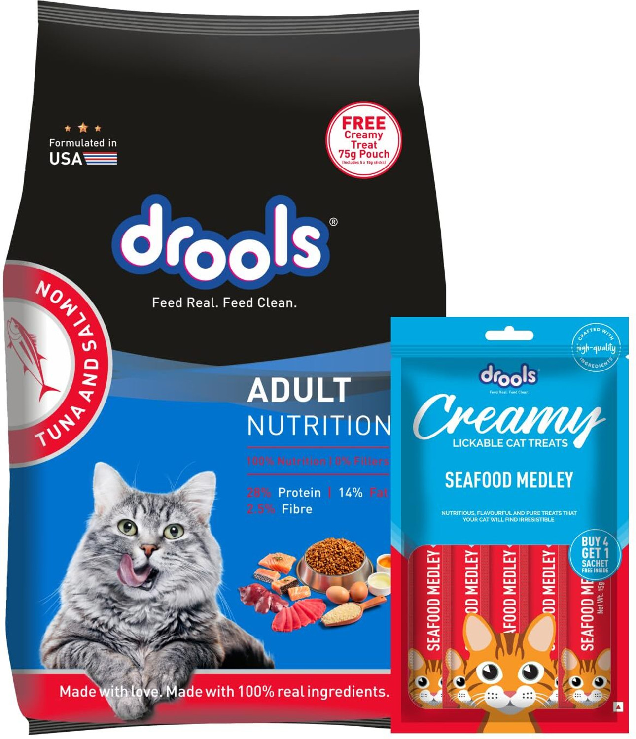 Image of Drools Creamy Treat 75g with 1kg Tuna & Tuna, Salmon 1.075 kg (2x0.54 kg) Dry Adult Cat Food