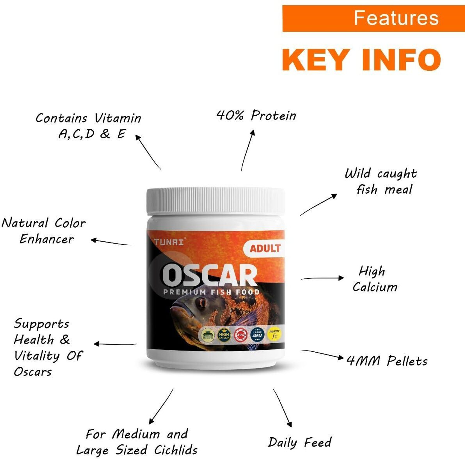 Image of TUNAI Supreme Formula Oscar Fish Food with 40% Protein&Vitamins For Color Enhancement Shrimp 0.5 kg Dry Adult, New Born, Senior, Young Fish Food