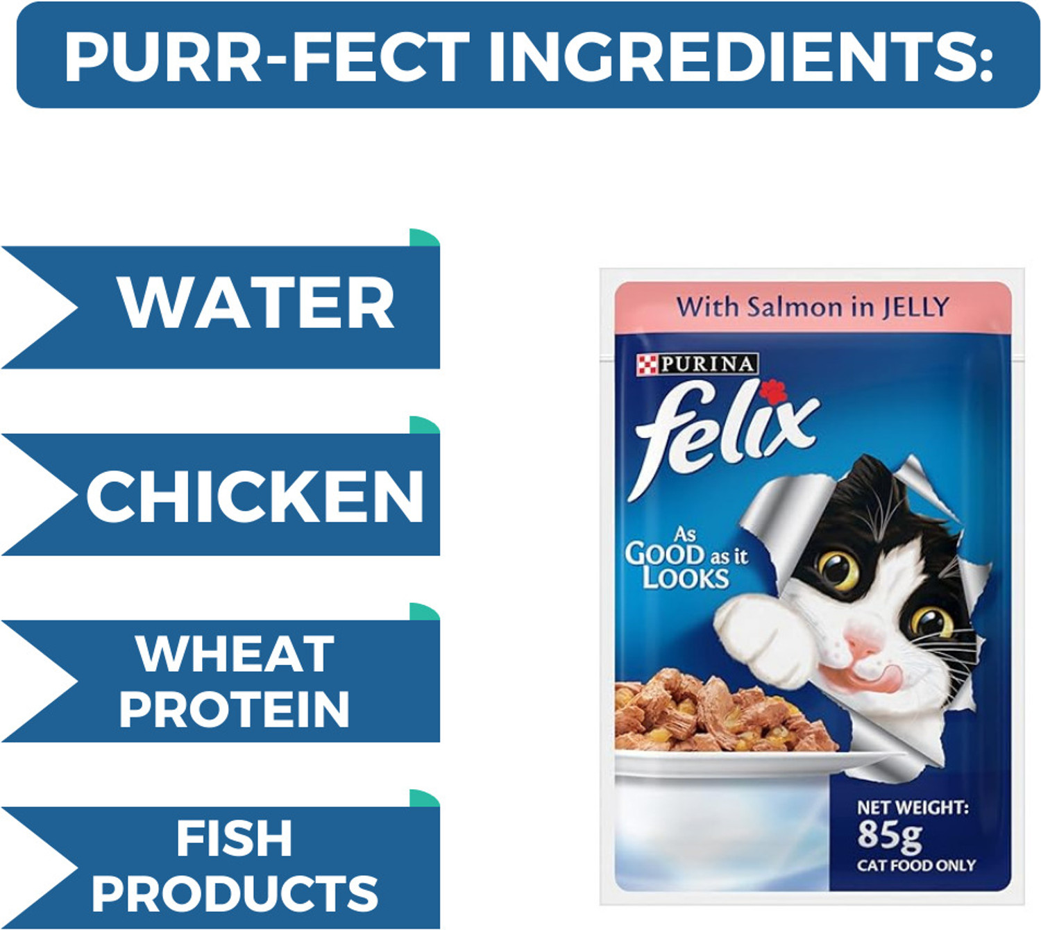 Image of purina Purina Felix Wet Food for Adult Cats, Salmon in Jelly Flavour, Pack of 12x85 gm Salmon 1.02 kg (12x0.09 kg) Wet Adult Cat Food