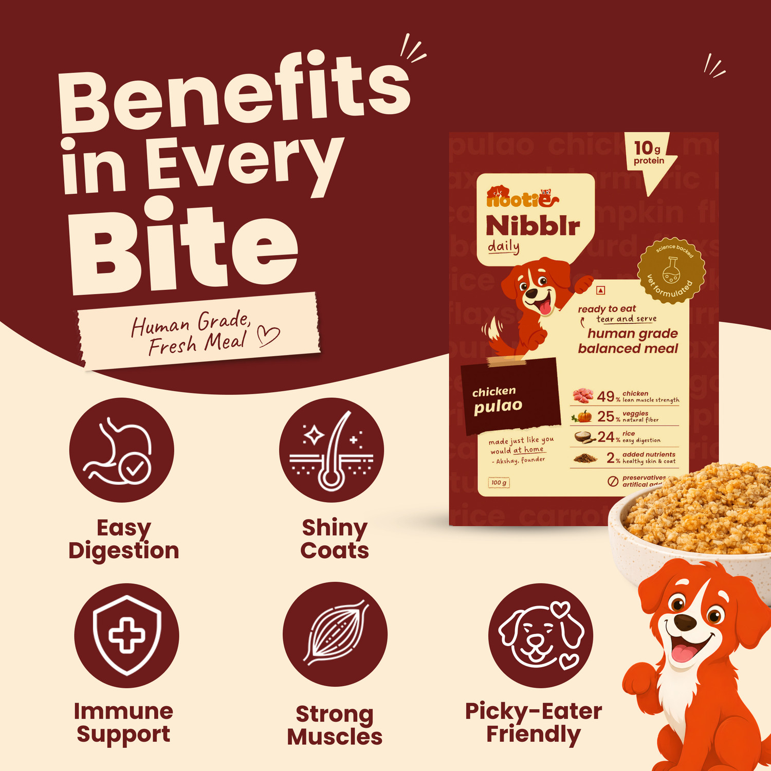 Image of Nootie Nootie Nibblr Daily Chicken Pulao Dog Food | 100g Pack Chicken 0.1 kg Wet All Life Stages Dog Food