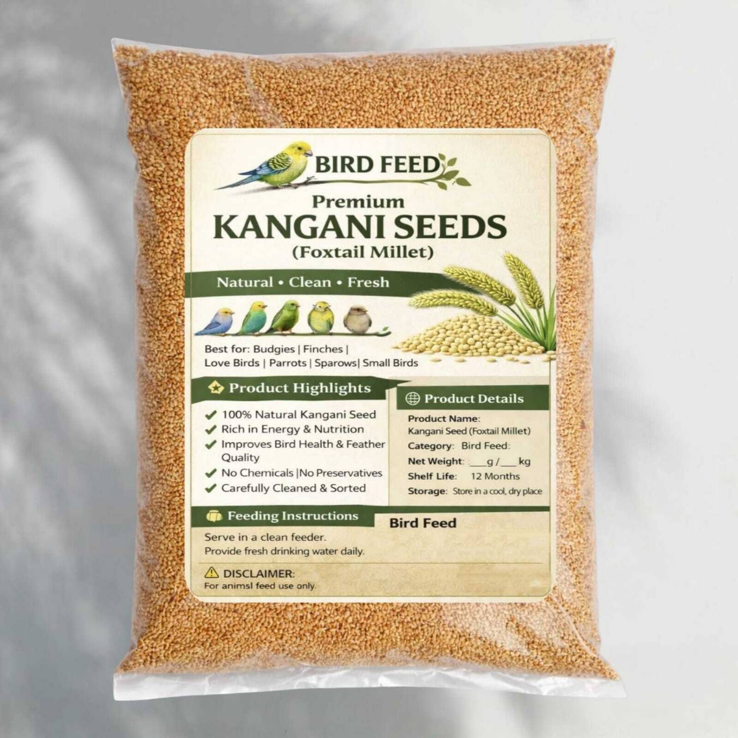 Bird feed ​Premium Kangni Seeds for Birds (Foxtail Millet) - 100% Natural Bird Food 0.45 kg Dry Adult, Young Bird Food