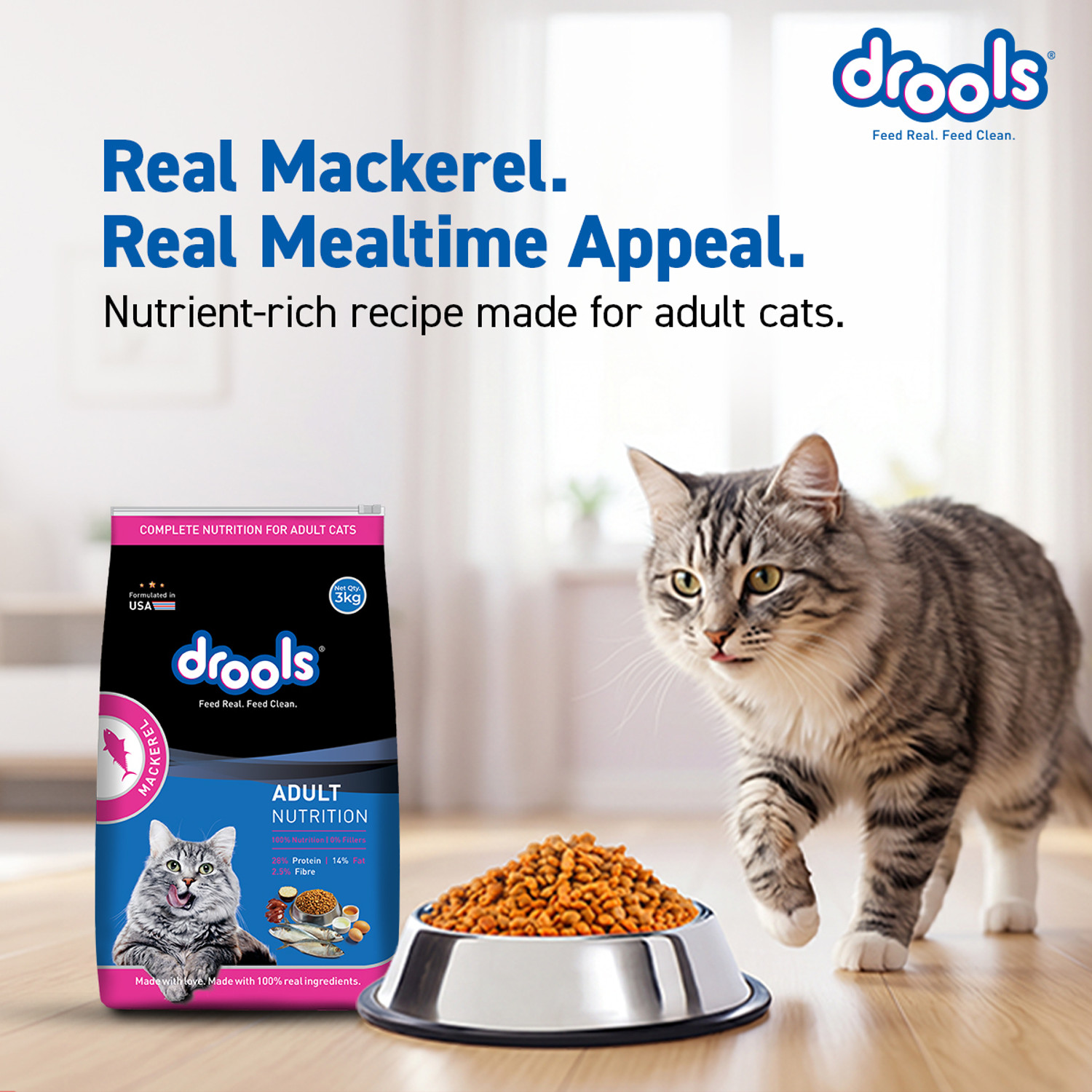 Image of Drools (2.8kg+1kg) Mackerel 3.8 kg (2x1.9 kg) Dry Adult Cat Food