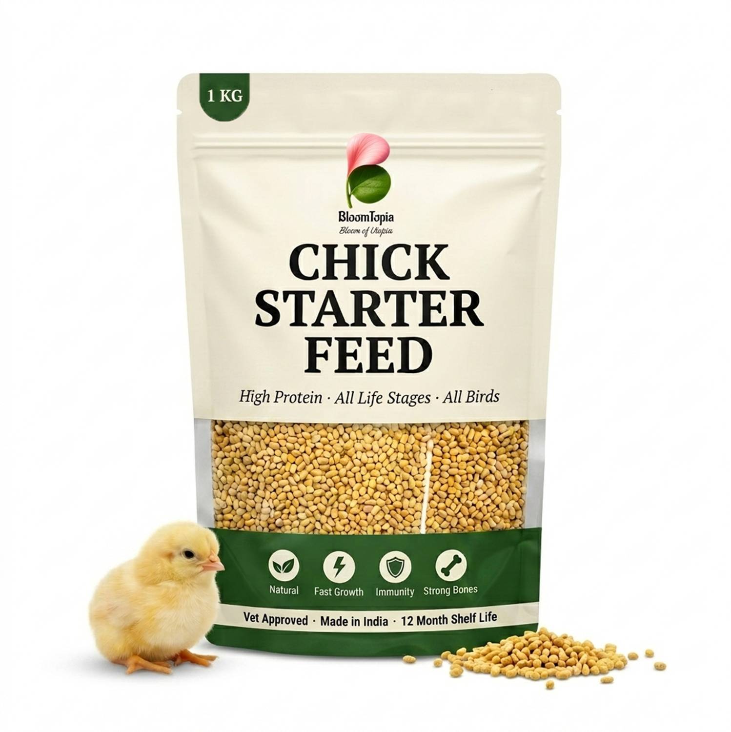 BloomTopia BloomTopia Chick Starter Feed | High Protein Hen Food | Murgi Dana 1 kg Dry All Life Stages Bird Food