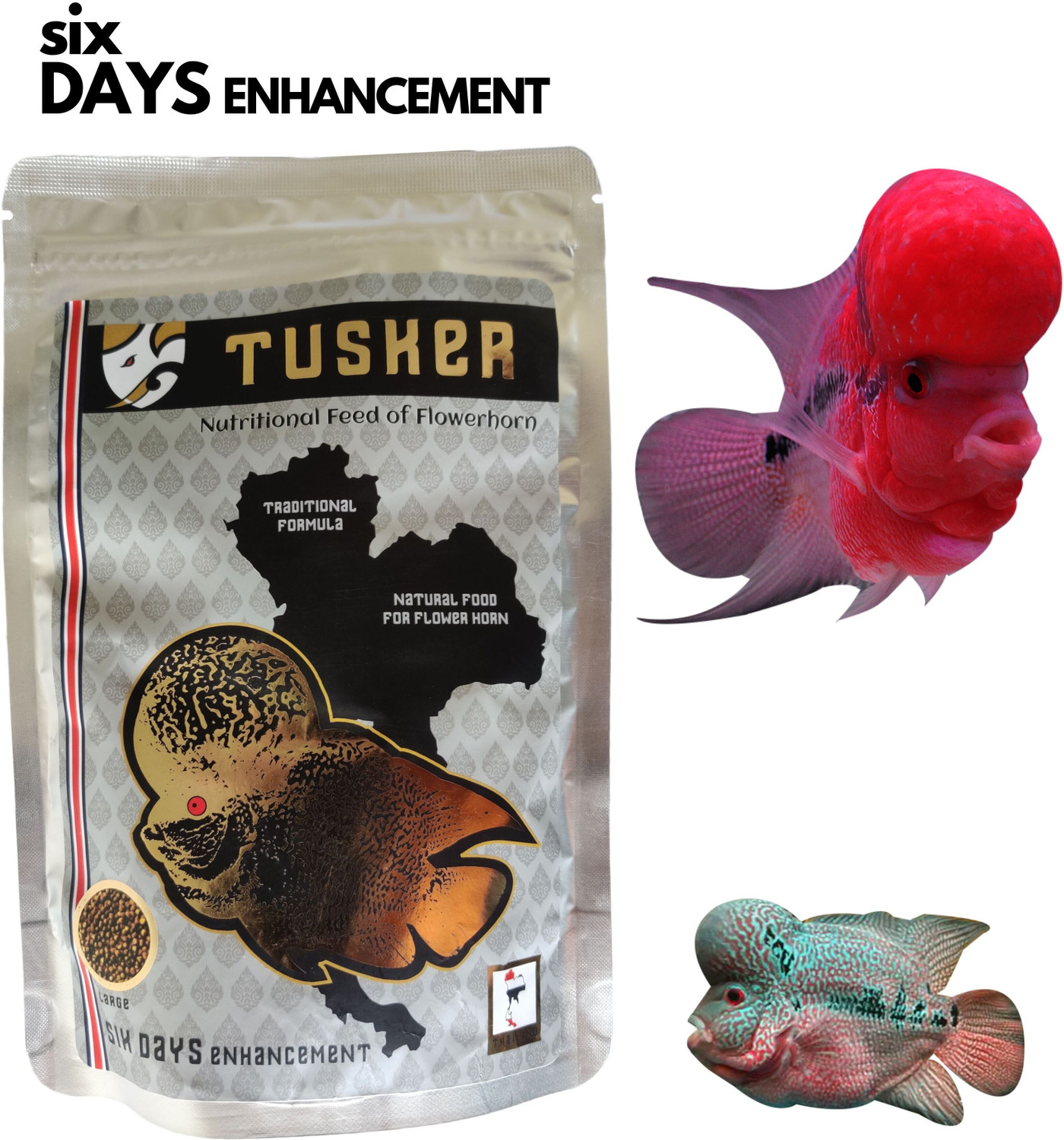 Image of STAR FARMS TUSKER Nutritional Feed of Flowerhorn, 55% protein, Fast growth, Natural color 0.1 kg Dry Adult, Young, New Born Fish Food