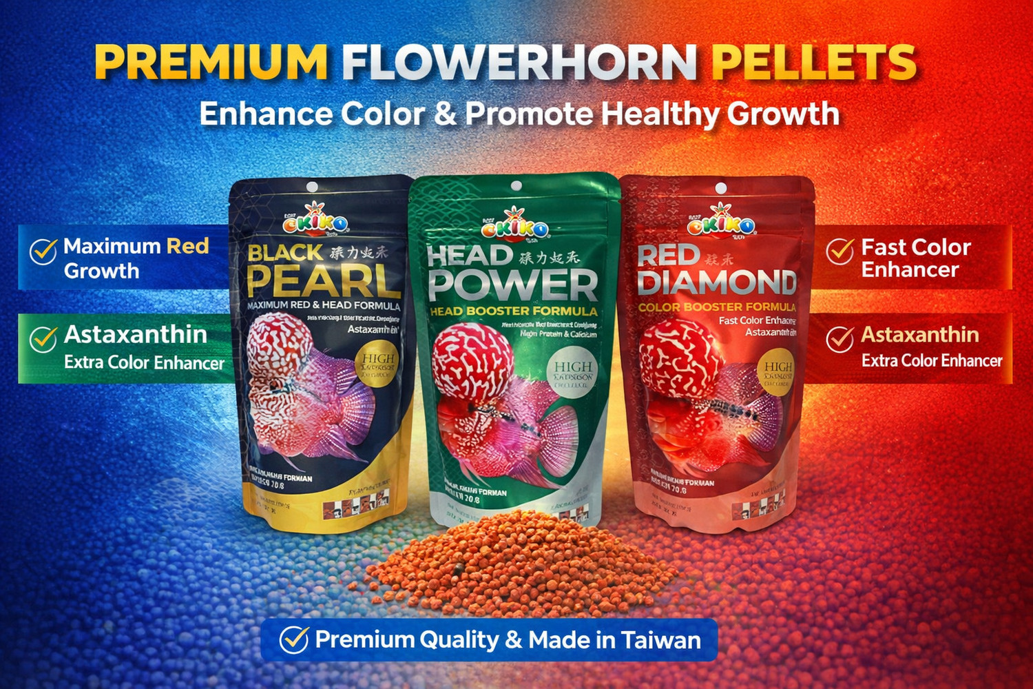 Image of Okiko Okiko Flowerhorn fish food (Black Pearl+Head Power + Red Diamond) L Size Pellets Fish 0.3 kg Dry All Life Stages Fish Food