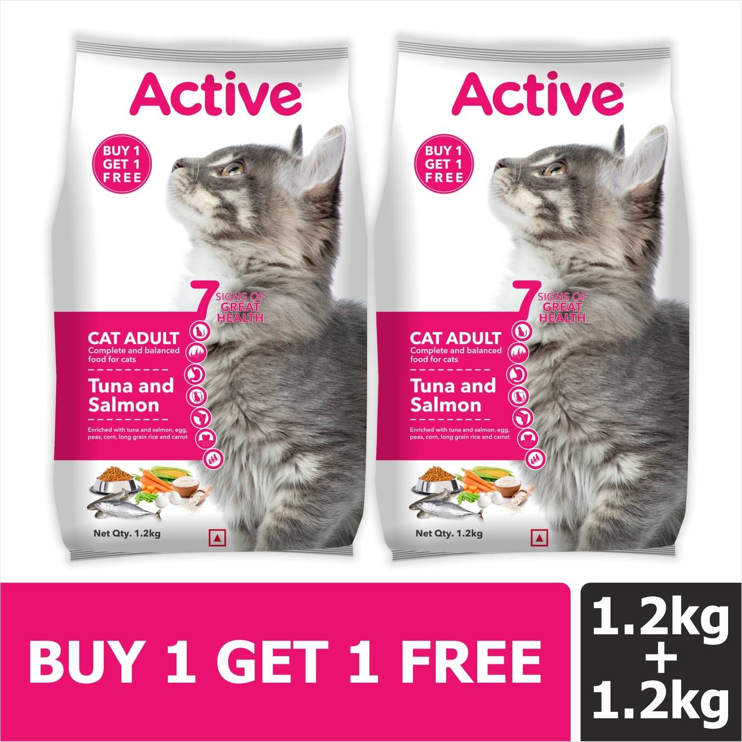 Active Buy 1 Get 1 Tuna And Salmon 2.4 kg (2x1.2 kg) Dry Adult Cat Food