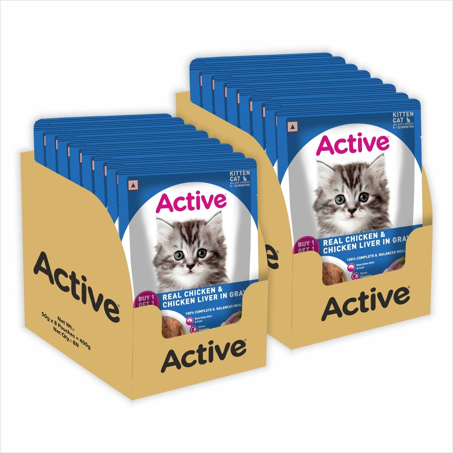 Active Twin pack (50g x 16) 16 Pouches in Gravy, Real Chicken 0.8 kg (16x0.05 kg) Wet Young Cat Food