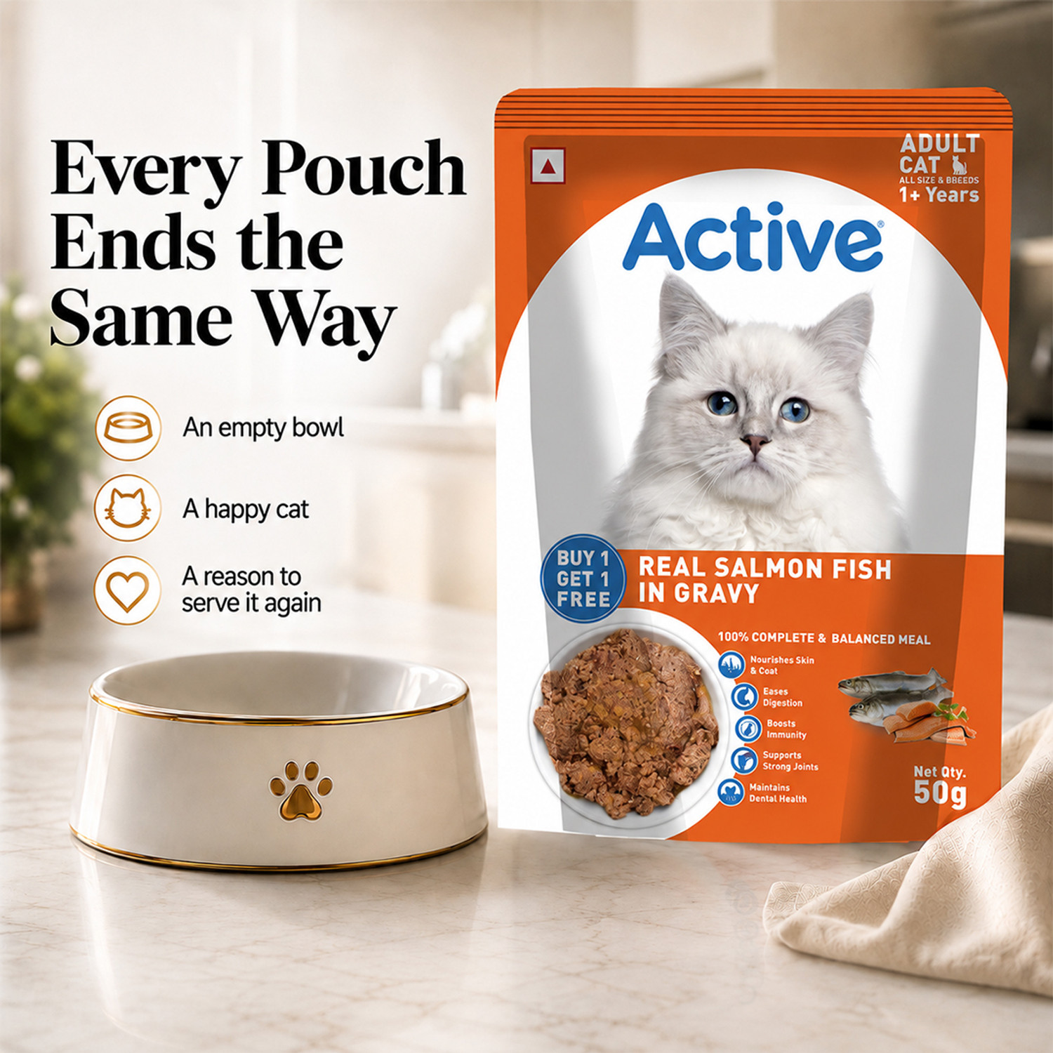 Image of Active Twin pack (50g x 16)16 Pouches in Gravy,Real Salmon Salmon 0.8 kg (16x0.05 kg) Wet Adult Cat Food