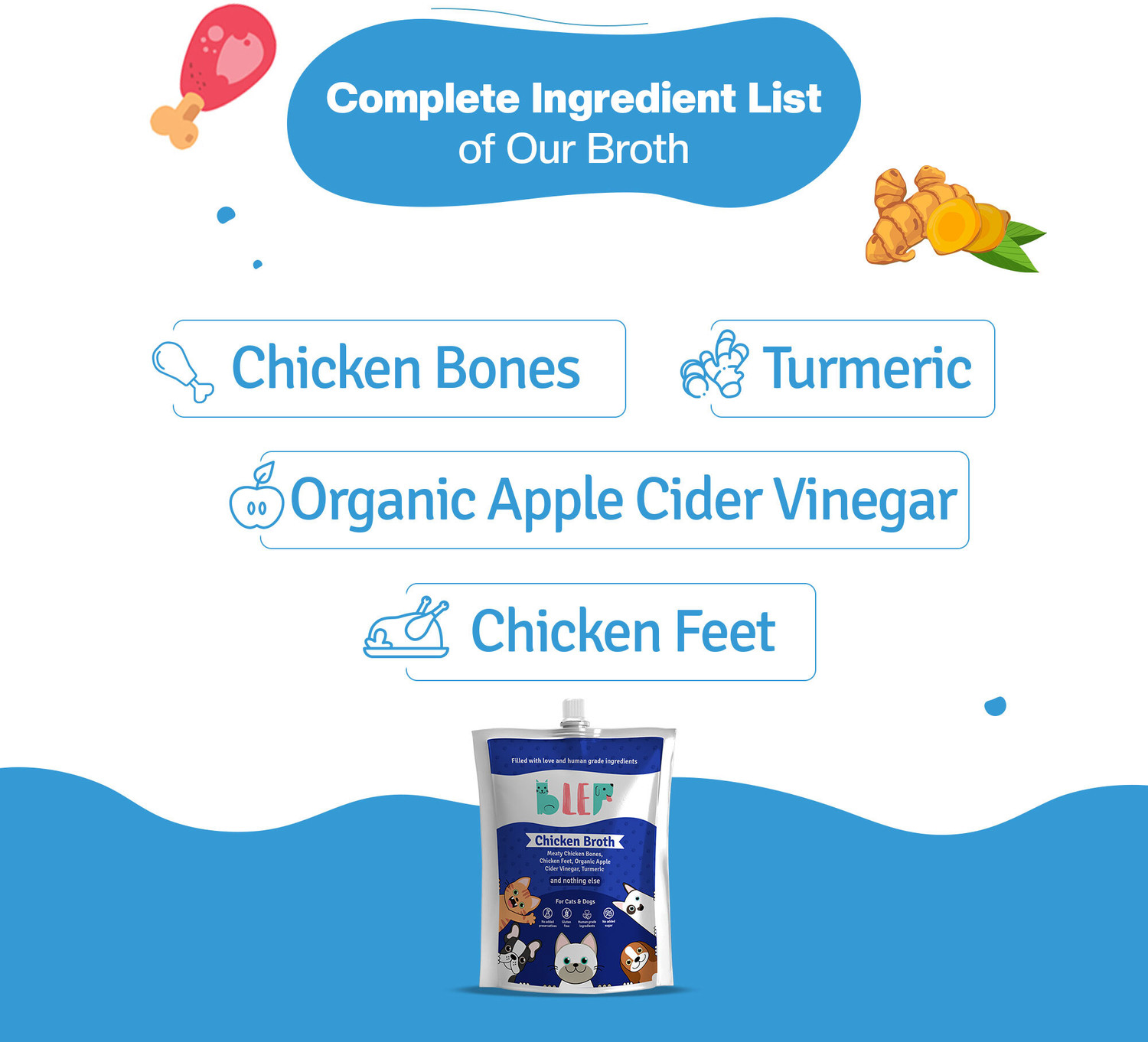 Image of BLEP Human Grade Chicken Broth for Cats & Dogs (100gm *5 ) Full Meal & Topper Chicken 0.5 kg (5x0.1 kg) Wet Adult, Senior, Young Dog & Cat Food