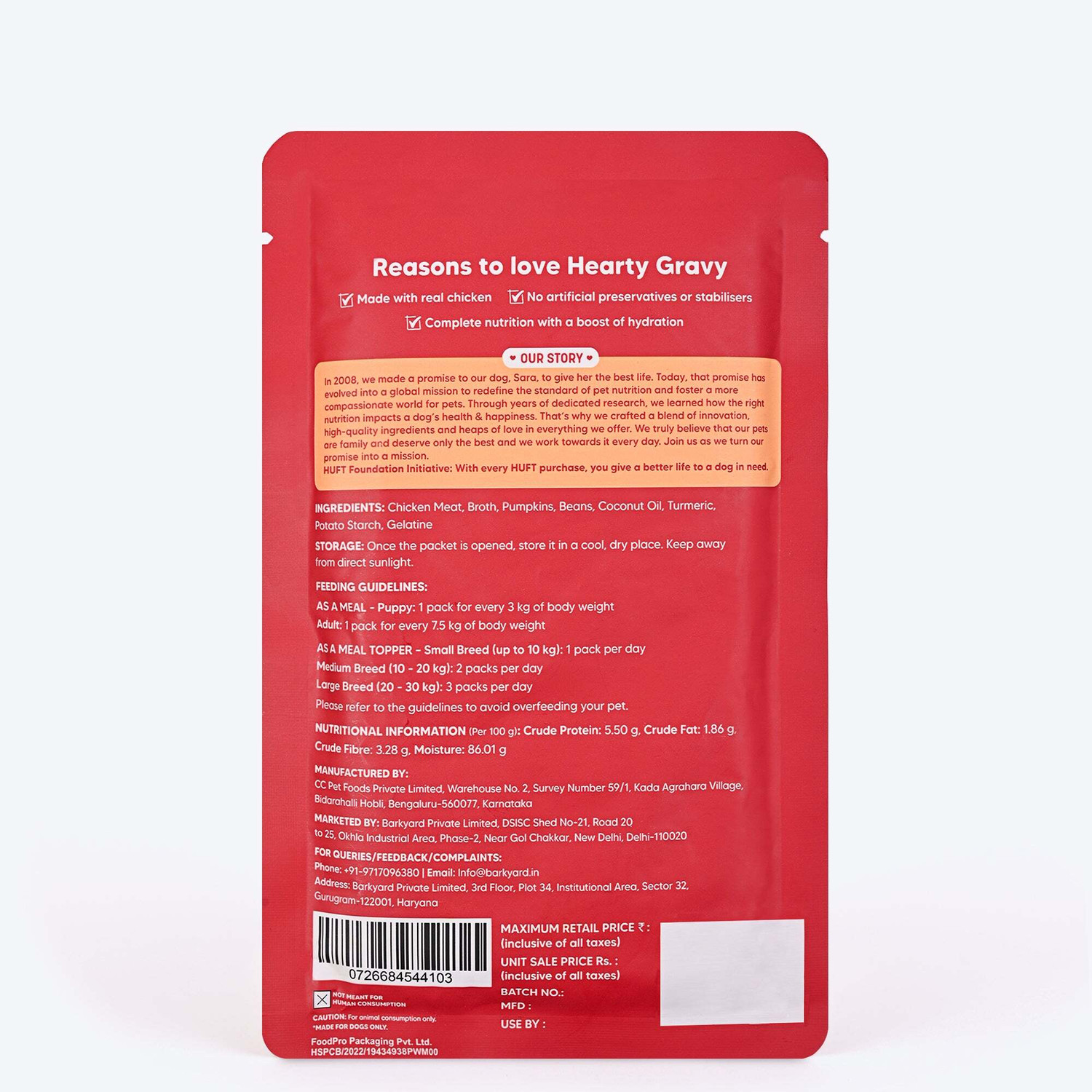 Image of Heads Up For Tails Hearty Shredded Chicken In Gravy Dog Wet Food Chicken 0.07 kg Wet Young Dog Food