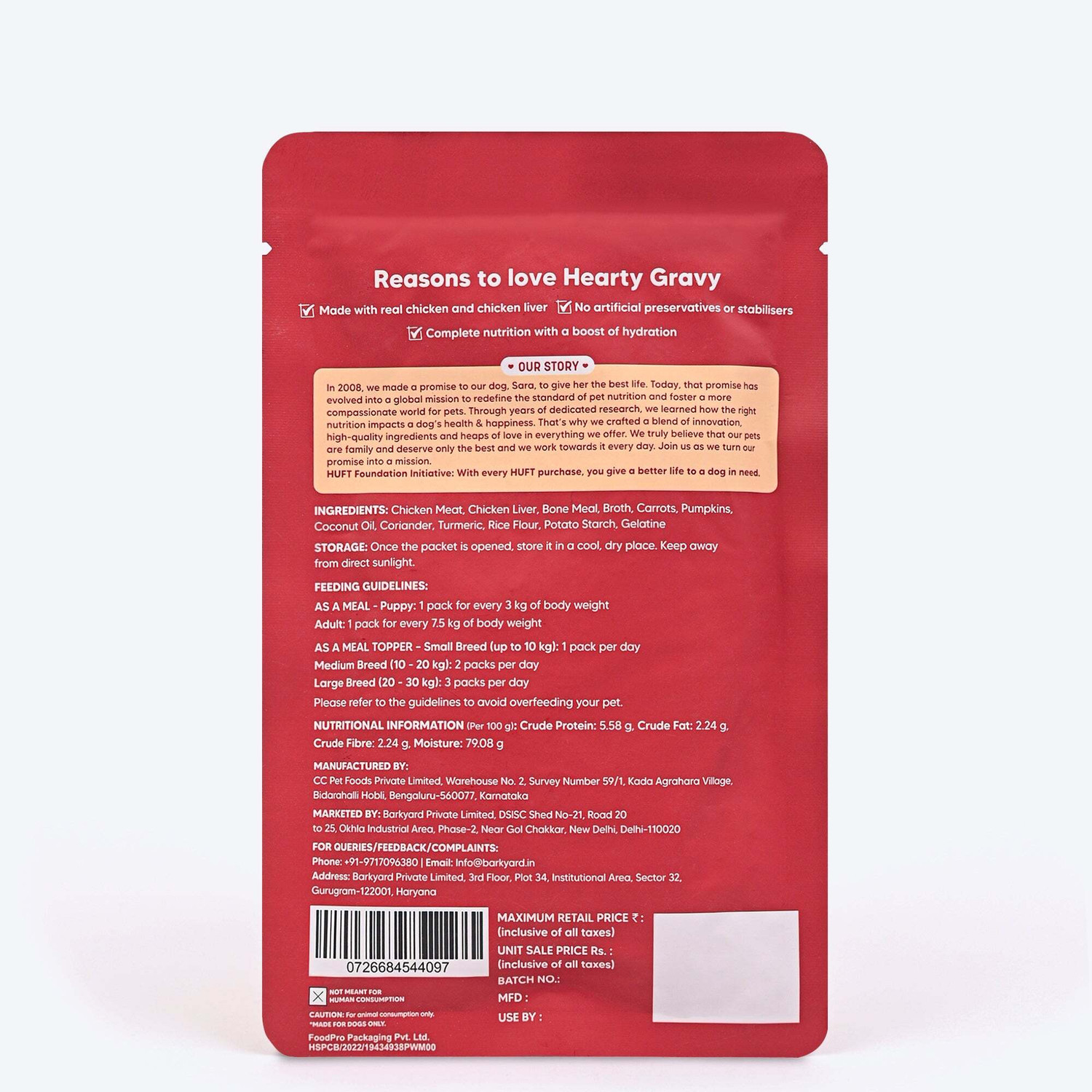 Image of Heads Up For Tails Hearty Chunky Chicken & Liver In Gravy Chicken 0.07 kg Wet Young Dog Food