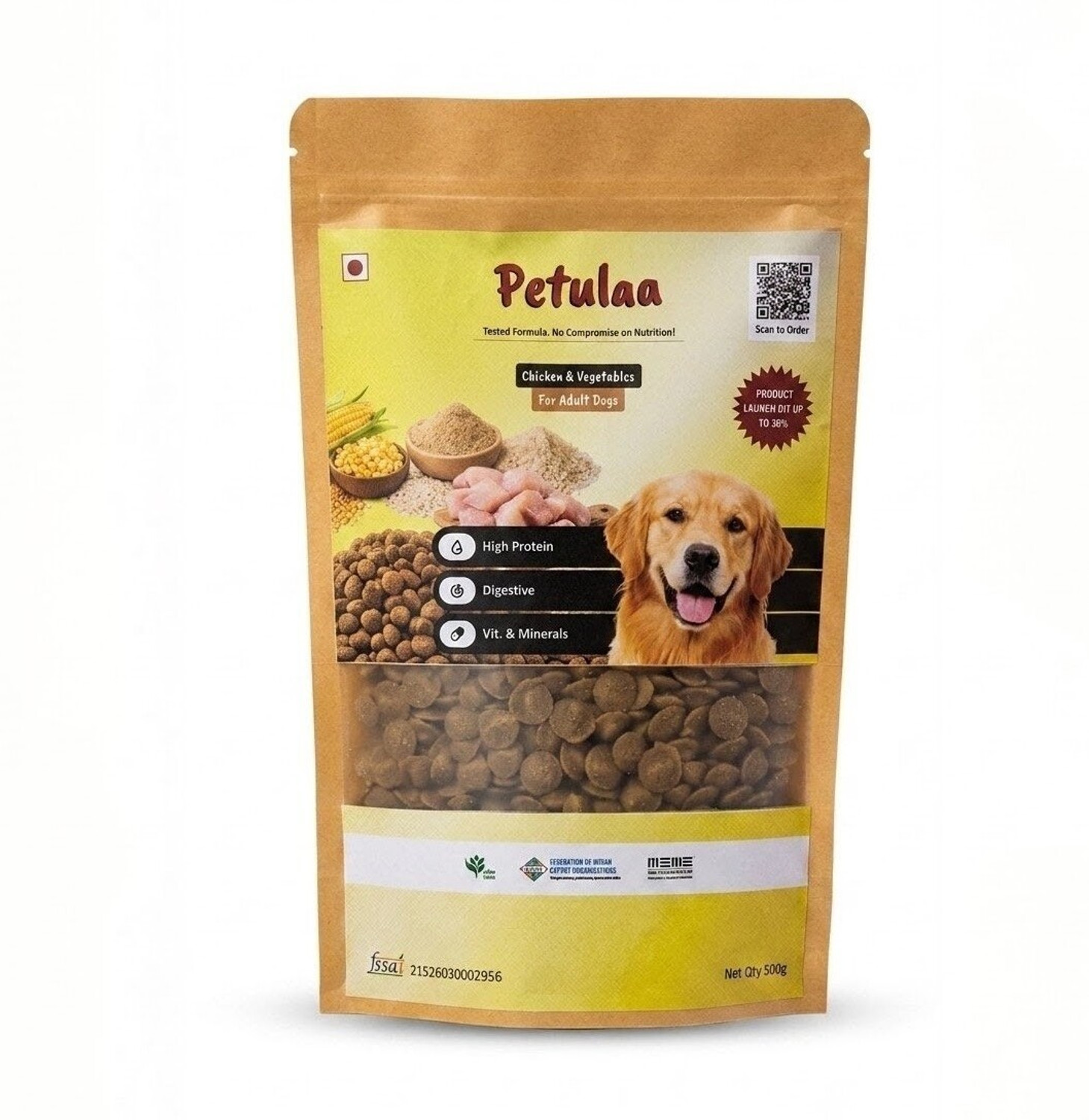 Image of Petulaa Adult Dog Kibbles Chicken, Vegetable, Rice 0.5 kg Dry Adult Dog Food