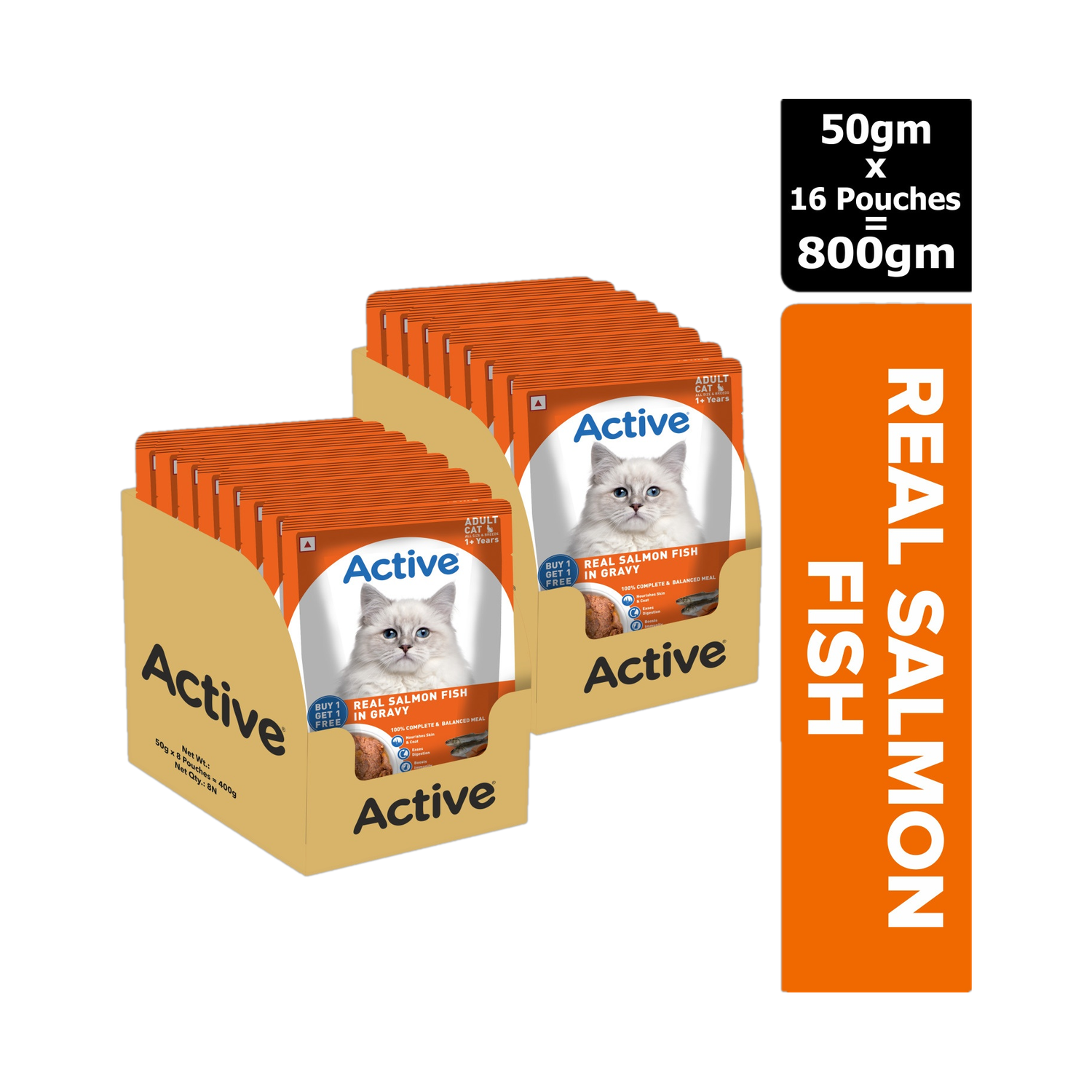 Image of Active Twin pack (50g x 16)16 Pouches in Gravy,Real Salmon Salmon 0.8 kg (16x0.05 kg) Wet Adult Cat Food