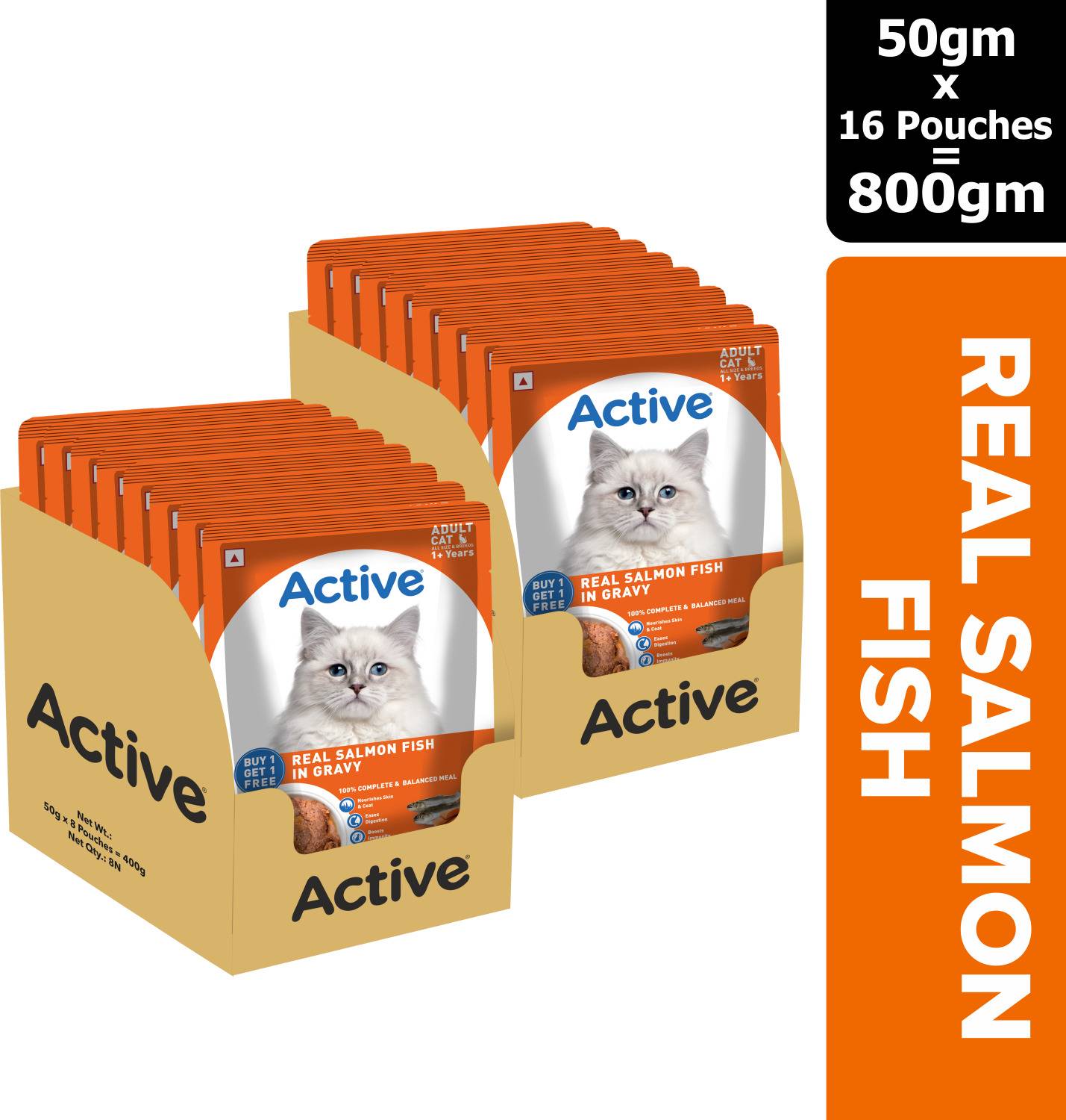 Active Twin pack (50g x 16)16 Pouches in Gravy,Real Salmon Salmon