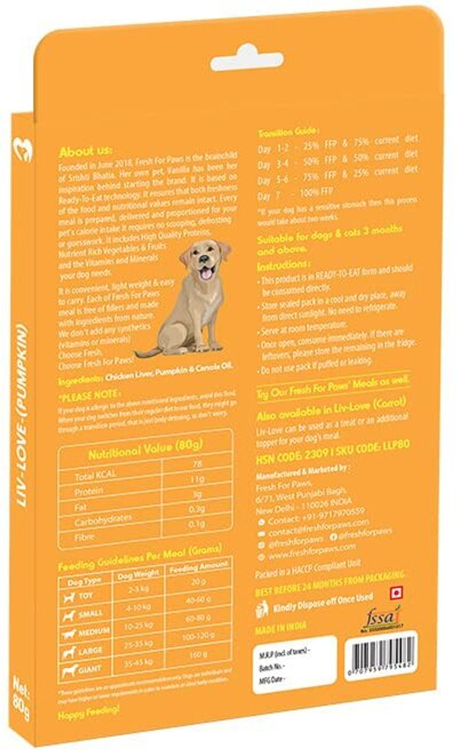 Image of FRESH FOR PAWS Fresh For Paws Liv Love Pumpkin Dog Food Topper - 80g Vegetable 0.08 kg Wet Adult Dog Food
