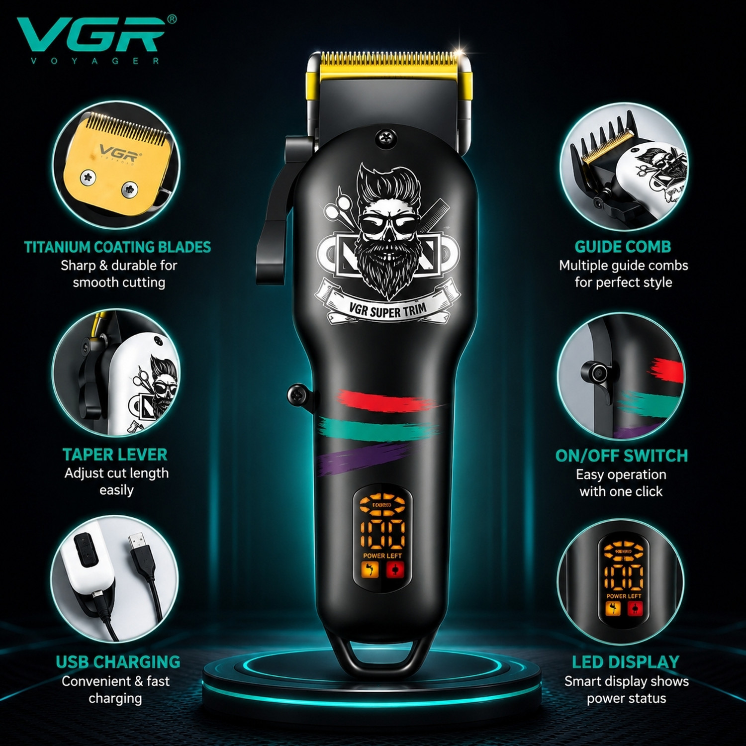 Image of VGR V-699 Salon Series Professional Digital Display Battery 200mAh (White or Black) Black, White Pet Hair Trimmer