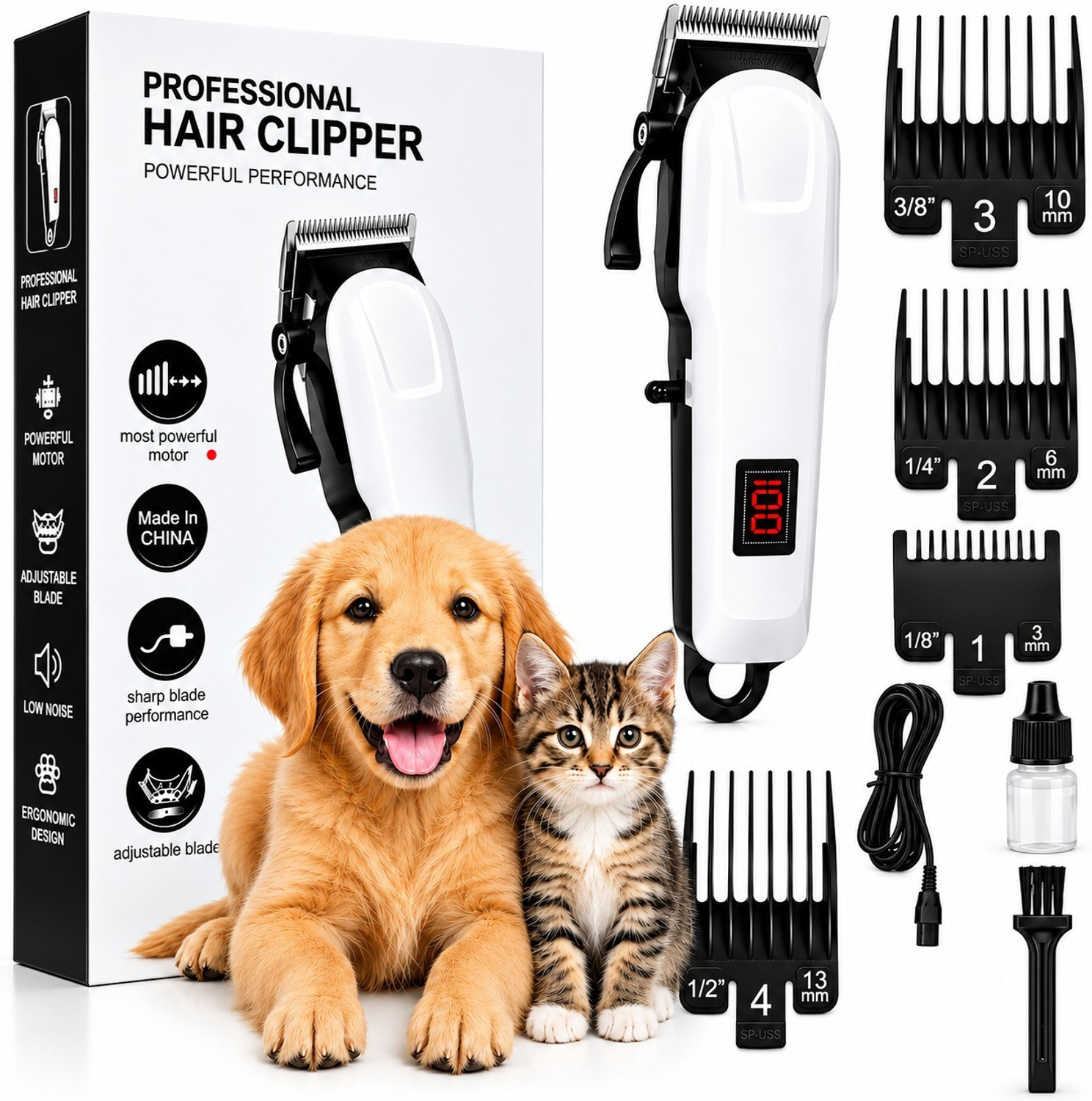 Image of CLINLINSO 809A Pet Hair Clipper | Low Noise Dog & Cat Grooming Machine with 4 Guide Combs White, Black Pet Hair Trimmer