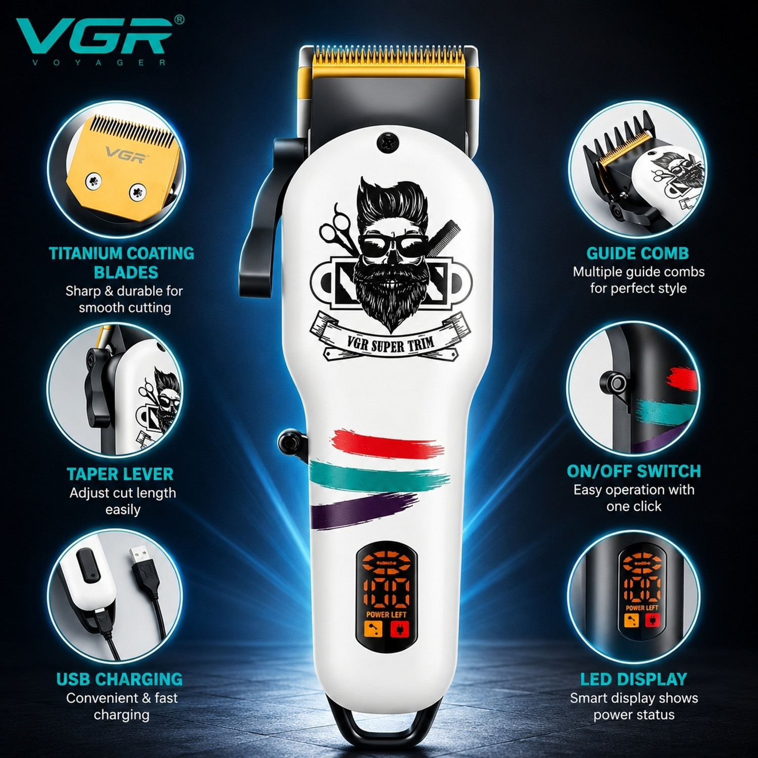 Image of VGR V-699 Salon Series Professional Digital Display Battery 200mAh (White or Black) Black, White Pet Hair Trimmer