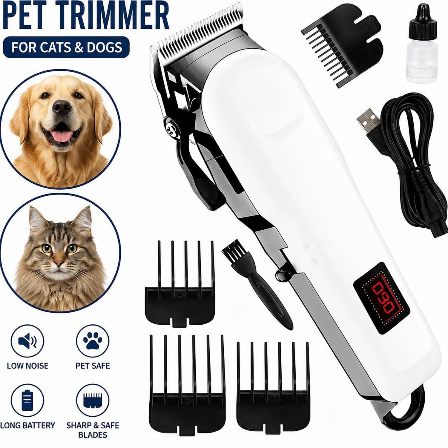 Image of Raccoon 809 Pet Grooming Clipper for Dogs, Cats Hair Trimmer with LCD Display White, Black Pet Hair Trimmer