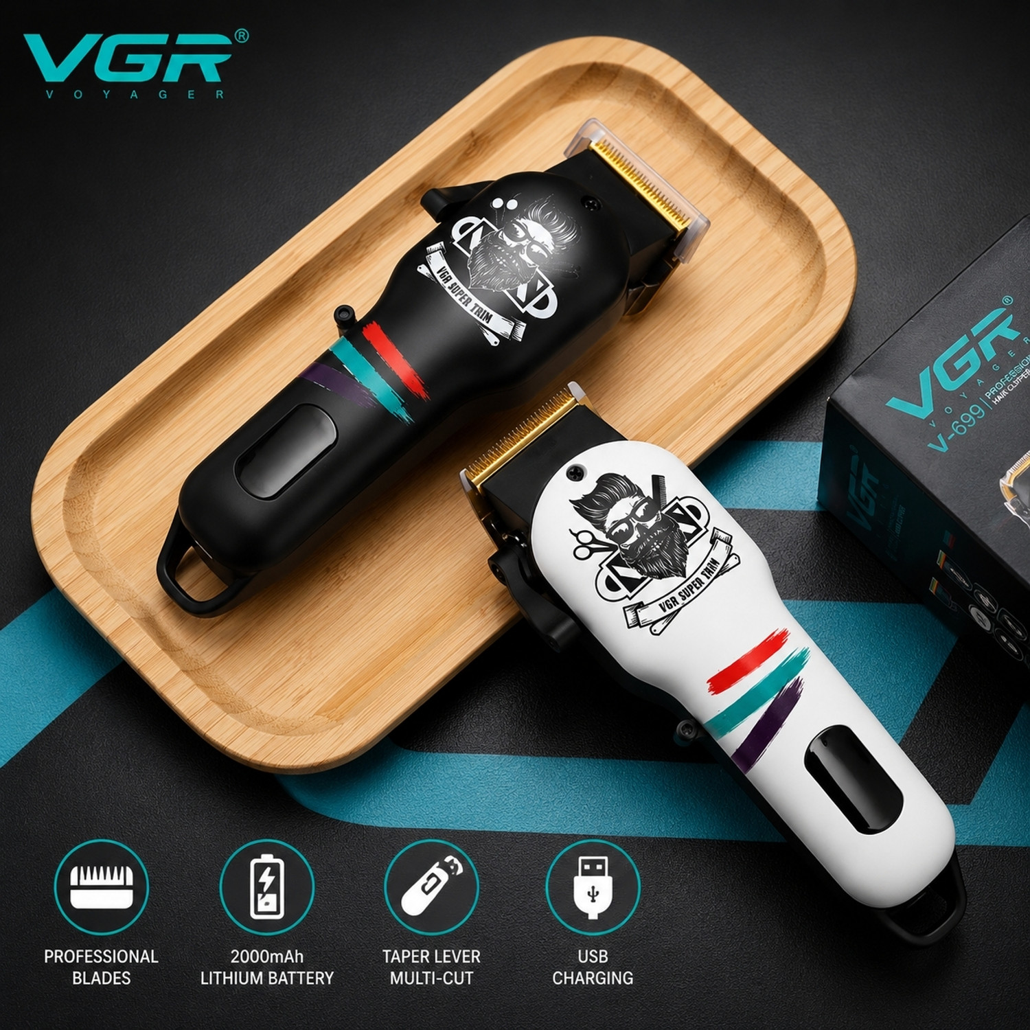 Image of VGR V-699 Salon Series Professional Digital Display Battery 200mAh (White or Black) Black, White Pet Hair Trimmer