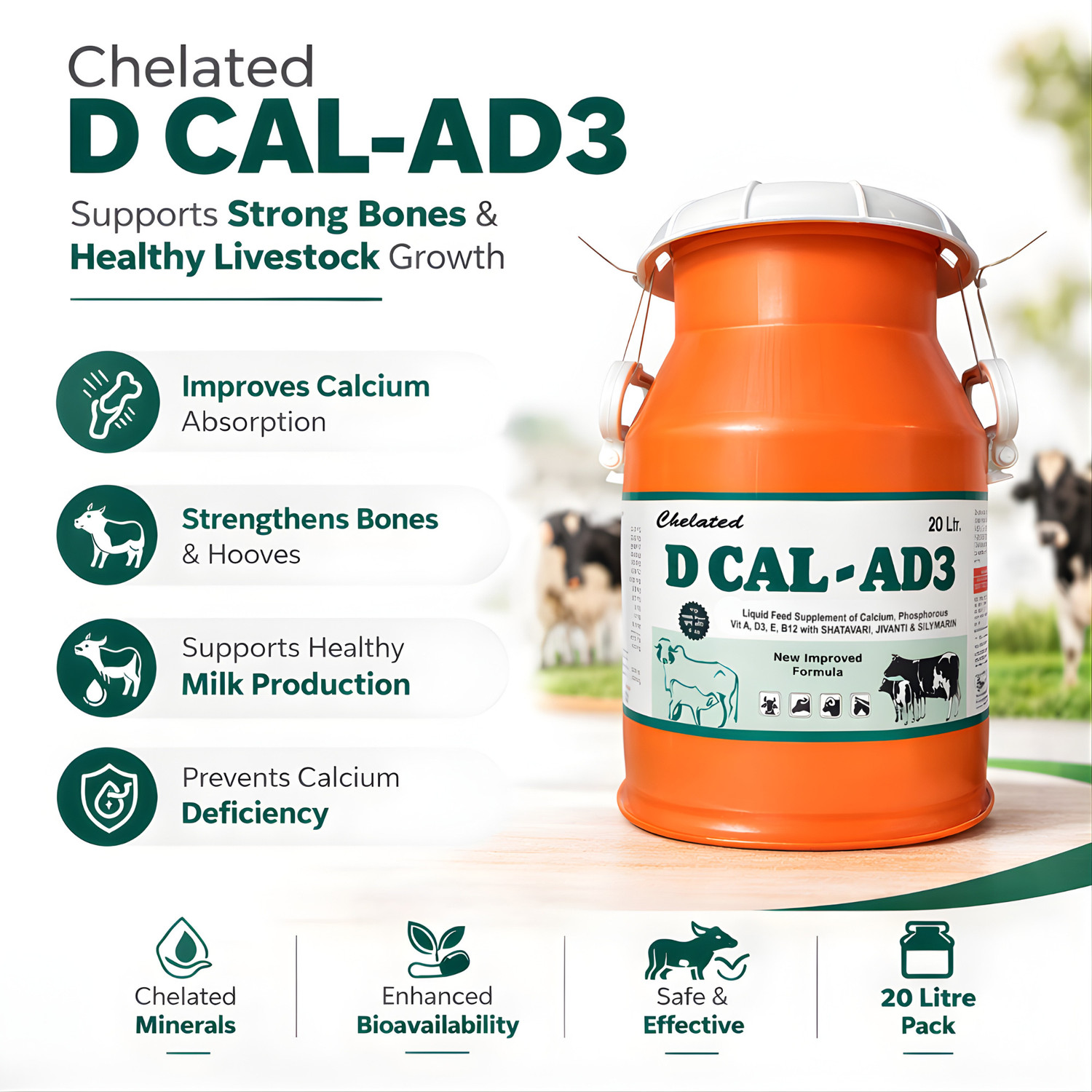 Image of Deeligent Biotech D Cal AD3 Calcium Supplement | Vitamin A, D3 & B12 | Boosts Milk Yield- Milkcan Pet Health Supplements (20 L)