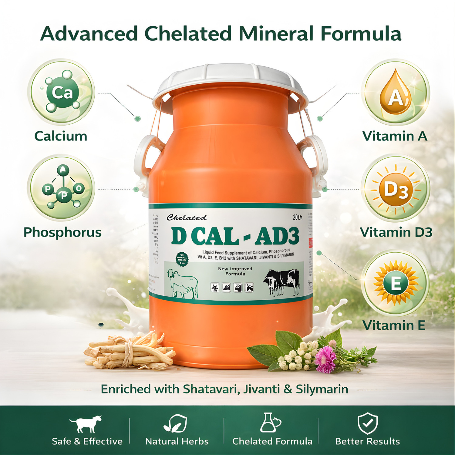 Image of Deeligent Biotech D Cal AD3 Calcium Supplement | Vitamin A, D3 & B12 | Boosts Milk Yield- Milkcan Pet Health Supplements (20 L)