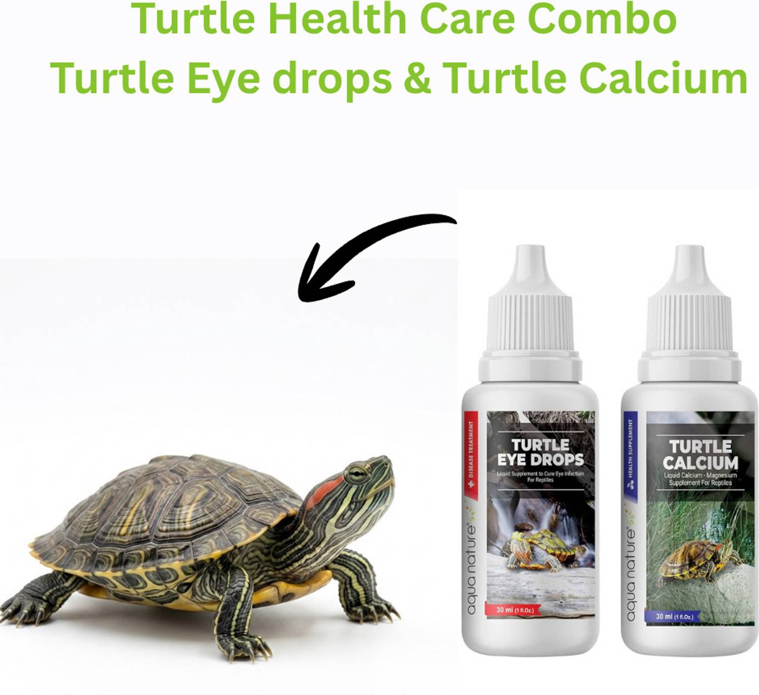 Aquanature Turtle Eye Drops & Turtle Calcium Supplement for Swollen, Inflamed, Infected Eye & for Strong Shell and Provide Essential Calcium of Healthy Turtle Healthcare 30ml Each Pet Health Supplements