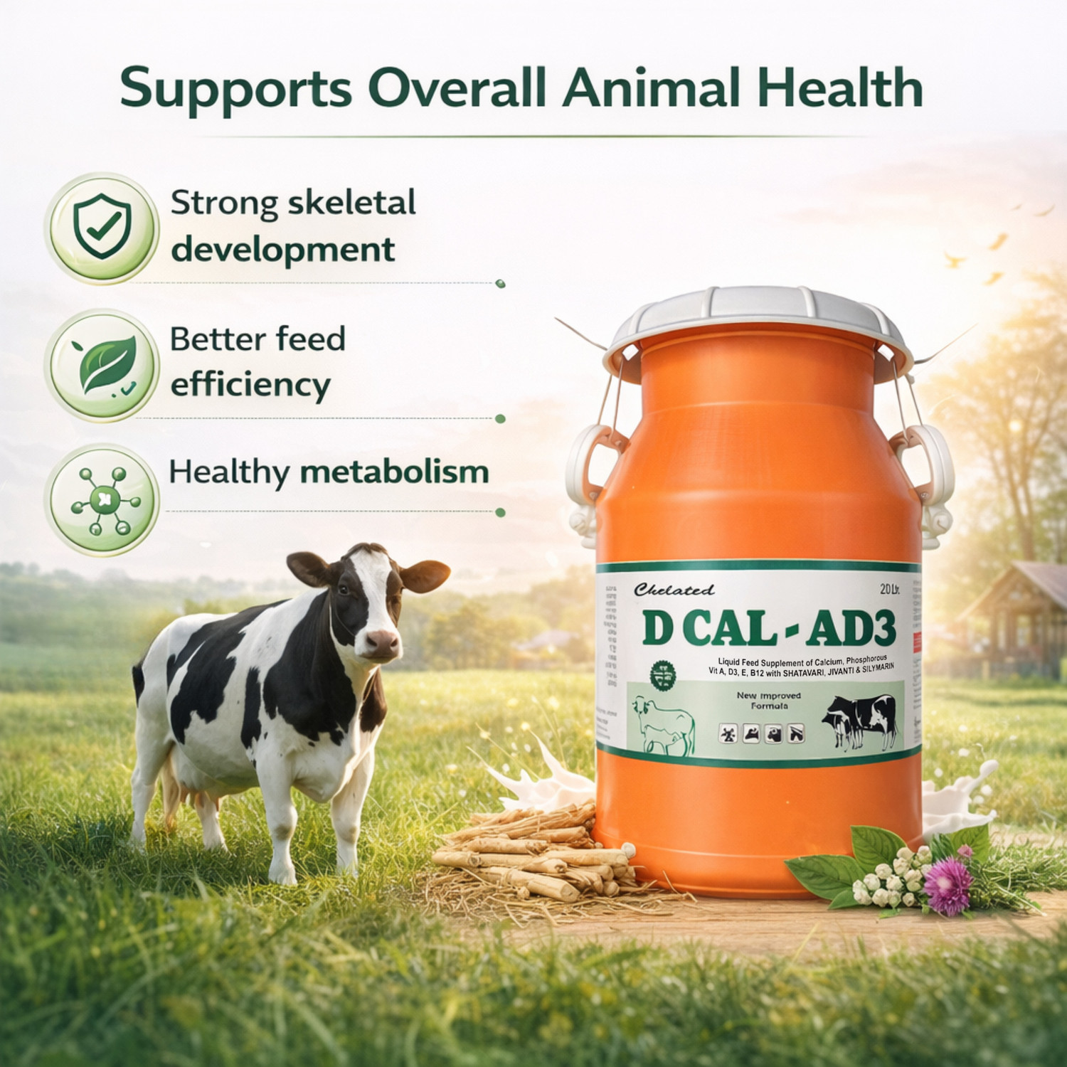 Image of Deeligent Biotech D Cal AD3 Calcium Supplement | Vitamin A, D3 & B12 | Boosts Milk Yield- Milkcan Pet Health Supplements (20 L)