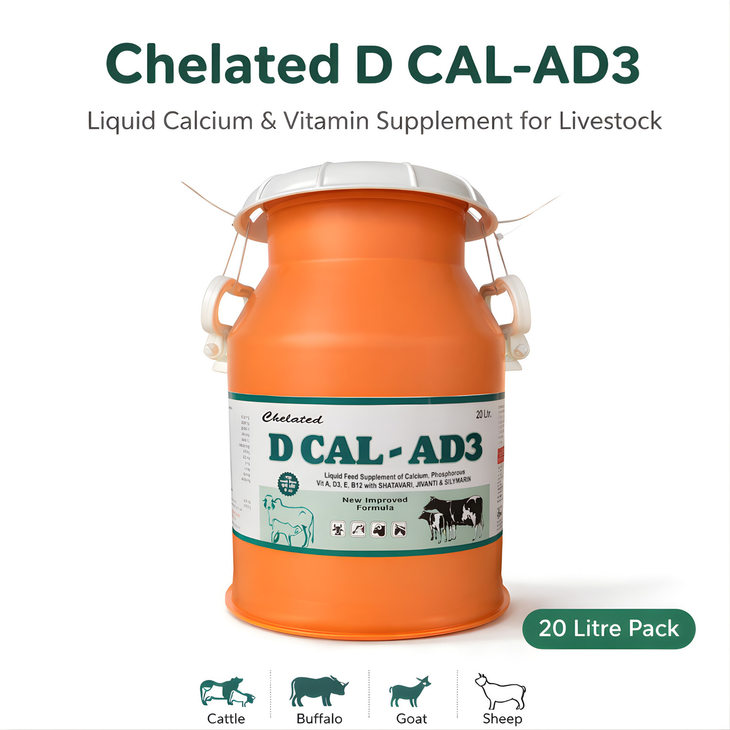 Image of Deeligent Biotech D Cal AD3 Calcium Supplement | Vitamin A, D3 & B12 | Boosts Milk Yield- Milkcan Pet Health Supplements (20 L)