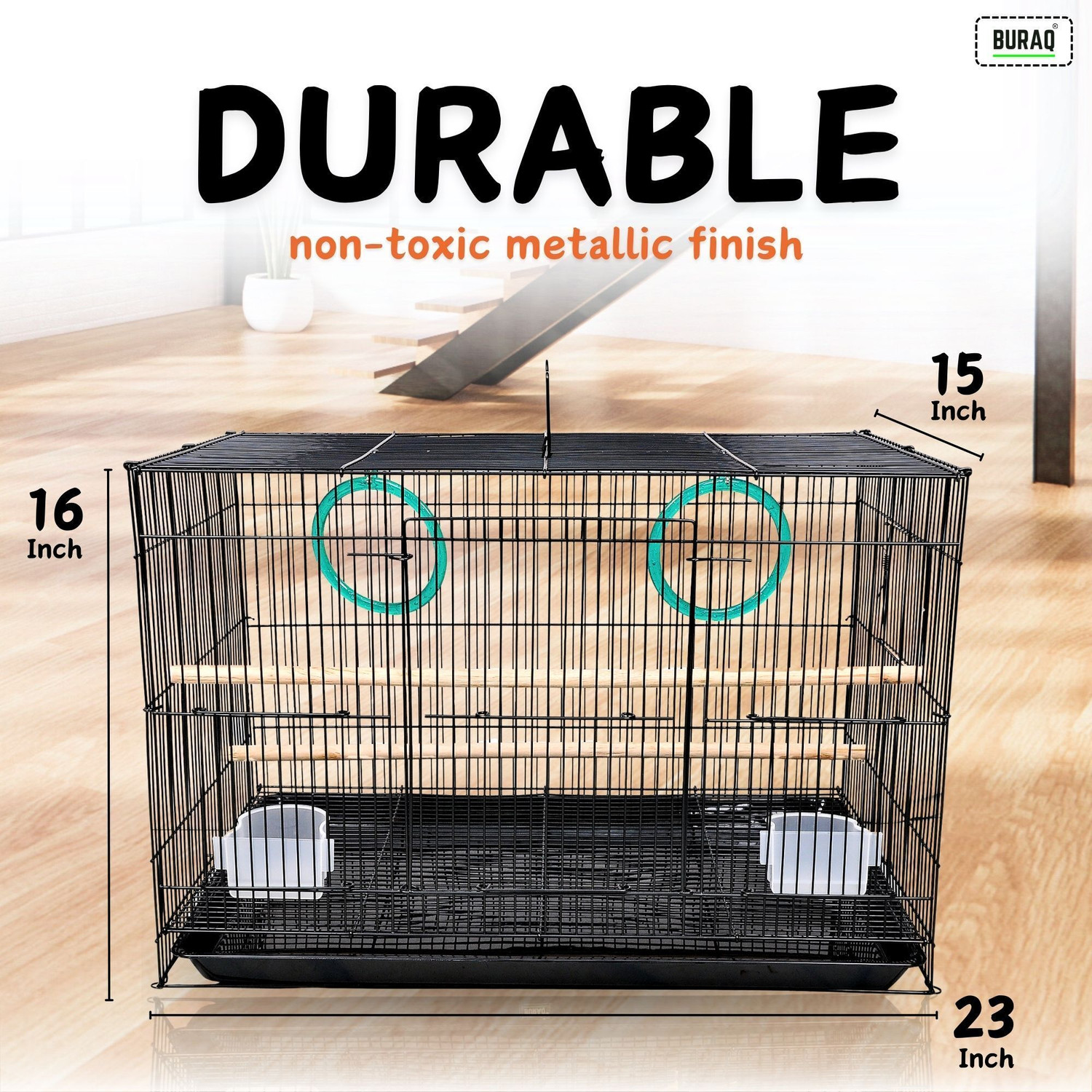 Image of Buraq PETS 2 FT Bird Cage Best for Lovebird /Pet, Parrot, Parakeet, Budgie, Cockatiel Cage Hammock Large Bird Cage (Size: 23.5 inch Long, 16.5 inch Wide and 16 inch Height) With 2 cups , 2 Perches , 2 Bird Rings. Color May Vary (24 inch) . Bird Cage
