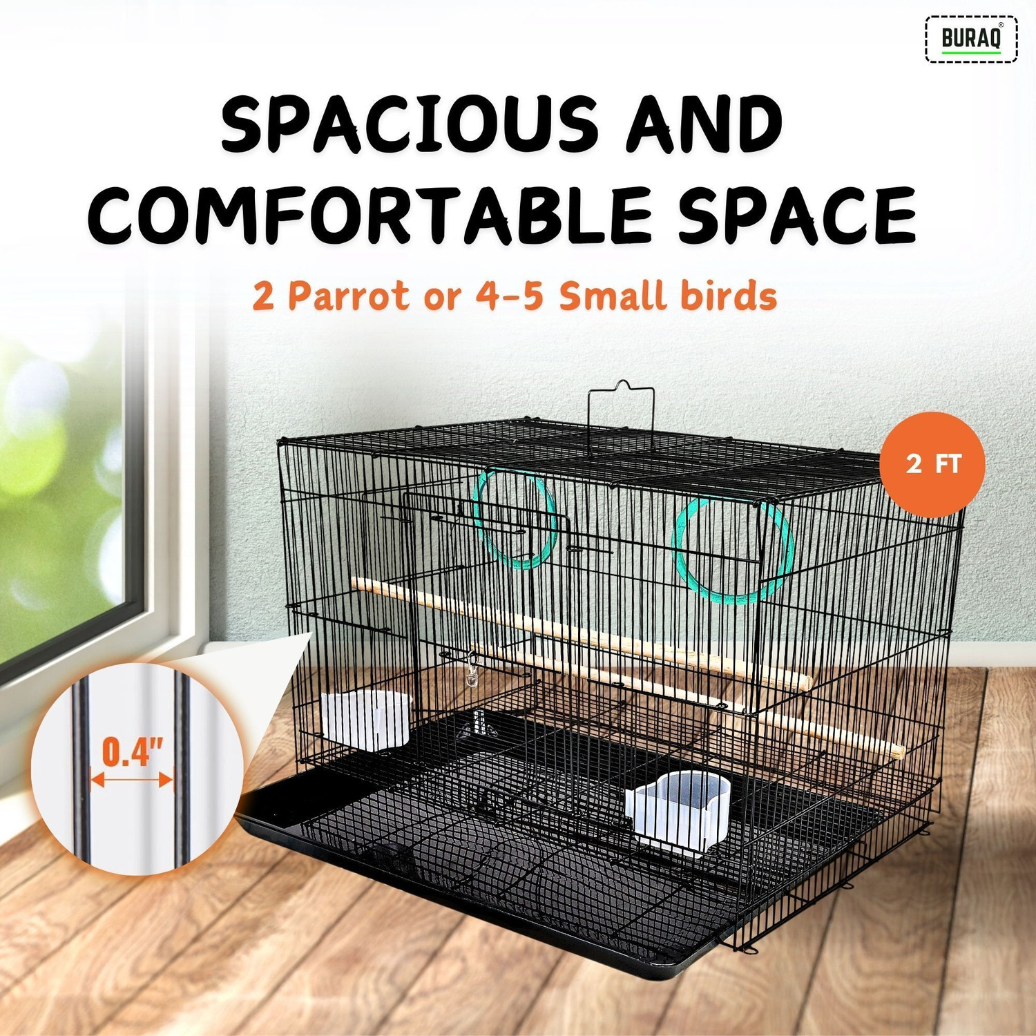 Image of Buraq PETS 2 FT Bird Cage Best for Lovebird /Pet, Parrot, Parakeet, Budgie, Cockatiel Cage Hammock Large Bird Cage (Size: 23.5 inch Long, 16.5 inch Wide and 16 inch Height) With 2 cups , 2 Perches , 2 Bird Rings. Color May Vary (24 inch) . Bird Cage