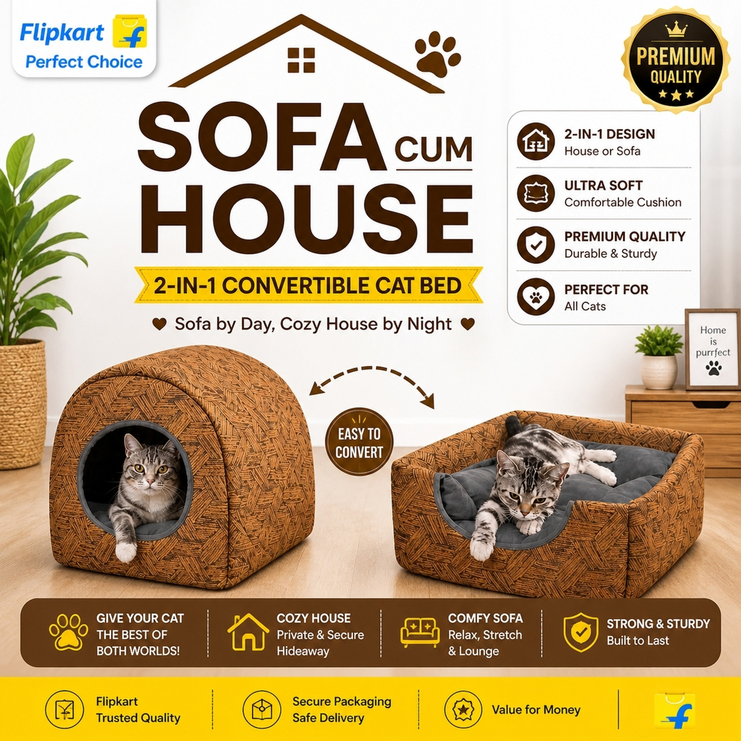 Image of URBANNEST 2-in-1 Sofa Cum House For Cats & Puppies Cat, Dog House