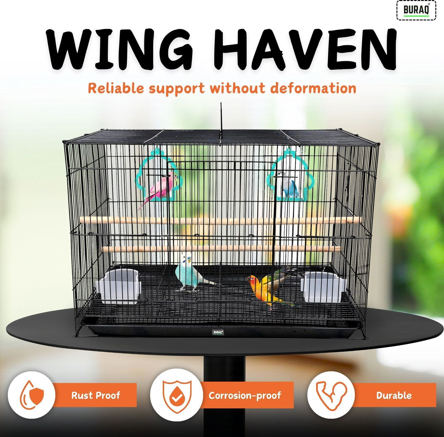 Image of Buraq PETS 2 FT Bird Cage Best for Lovebird /Pet, Parrot, Parakeet, Budgie, Cockatiel Cage Hammock Large Bird Cage (Size: 23.5 inch Long, 16.5 inch Wide and 16 inch Height) With 2 cups , 2 Perches , 2 Bird Rings. Color May Vary (24 inch) . Bird Cage