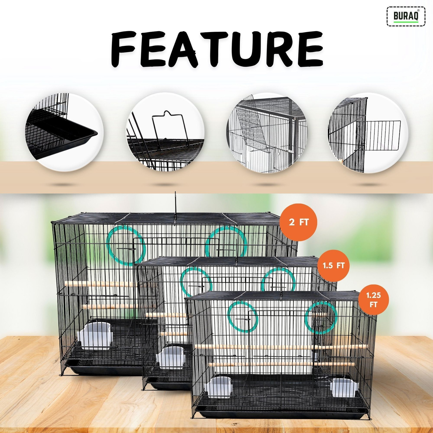 Image of Buraq PETS 2 FT Bird Cage Best for Lovebird /Pet, Parrot, Parakeet, Budgie, Cockatiel Cage Hammock Large Bird Cage (Size: 23.5 inch Long, 16.5 inch Wide and 16 inch Height) With 2 cups , 2 Perches , 2 Bird Rings. Color May Vary (24 inch) . Bird Cage