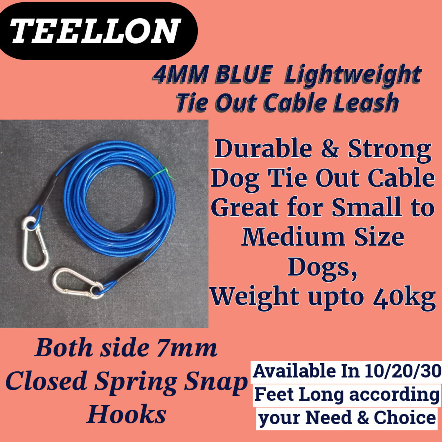 Image of oaky 10FT(4mm) Lightweight Tie Out Cable Dog Leash for training walking dog chain 305 cm Dog Cord Leash