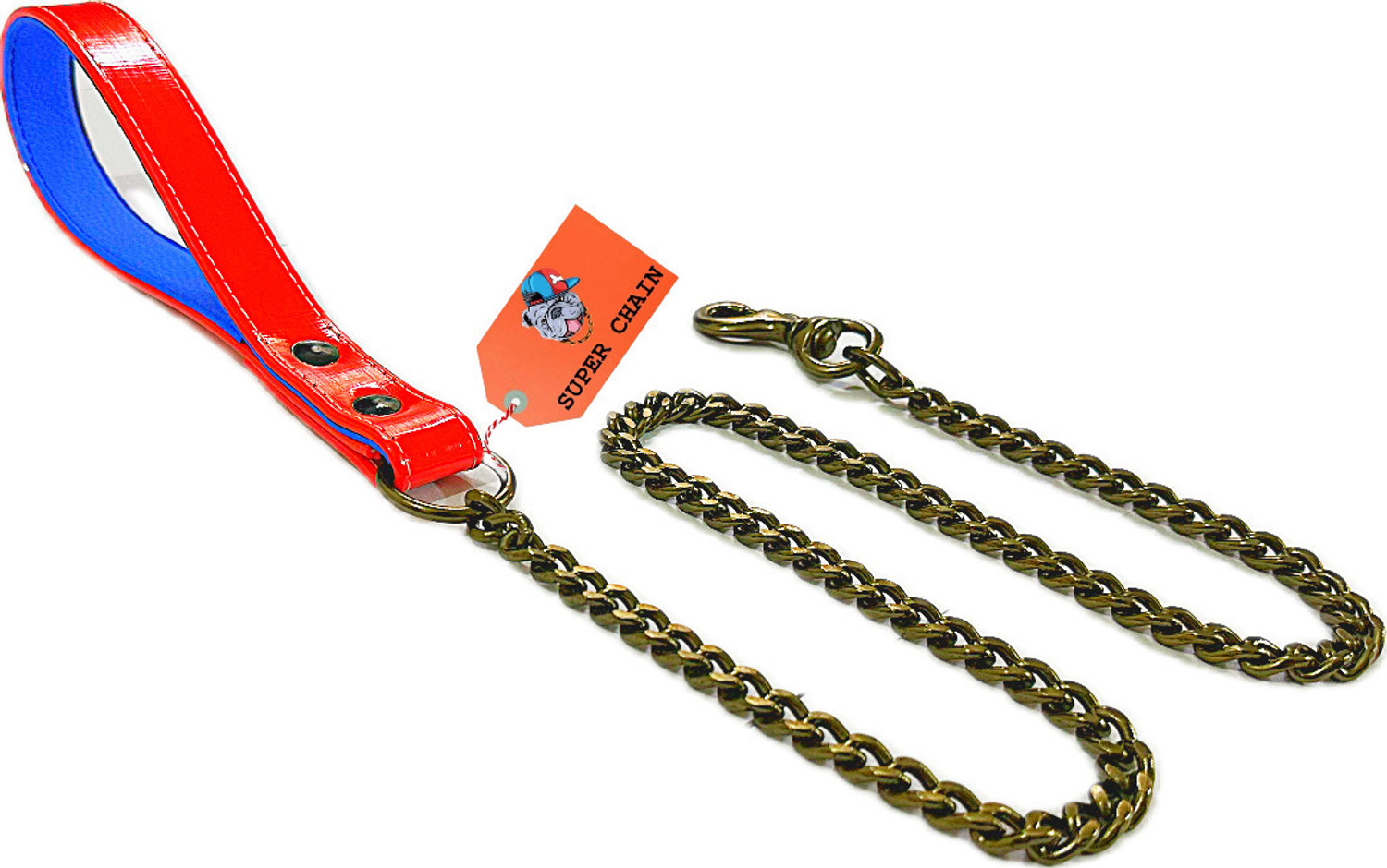 Image of SUPER CHAIN LEATHER Tone Leash Chew Proof Soft Padded Handle with BRASS Hook(LARGE-MEDIUM) 130 cm Dog Chain Leash