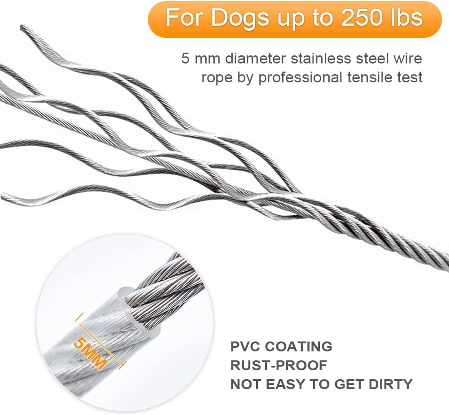 Image of DEEVACREATION Stainless Steel Pet Tie Out Cable Dogs Leash for Camping Outdoor Yard 450 cm Dog Chain Leash