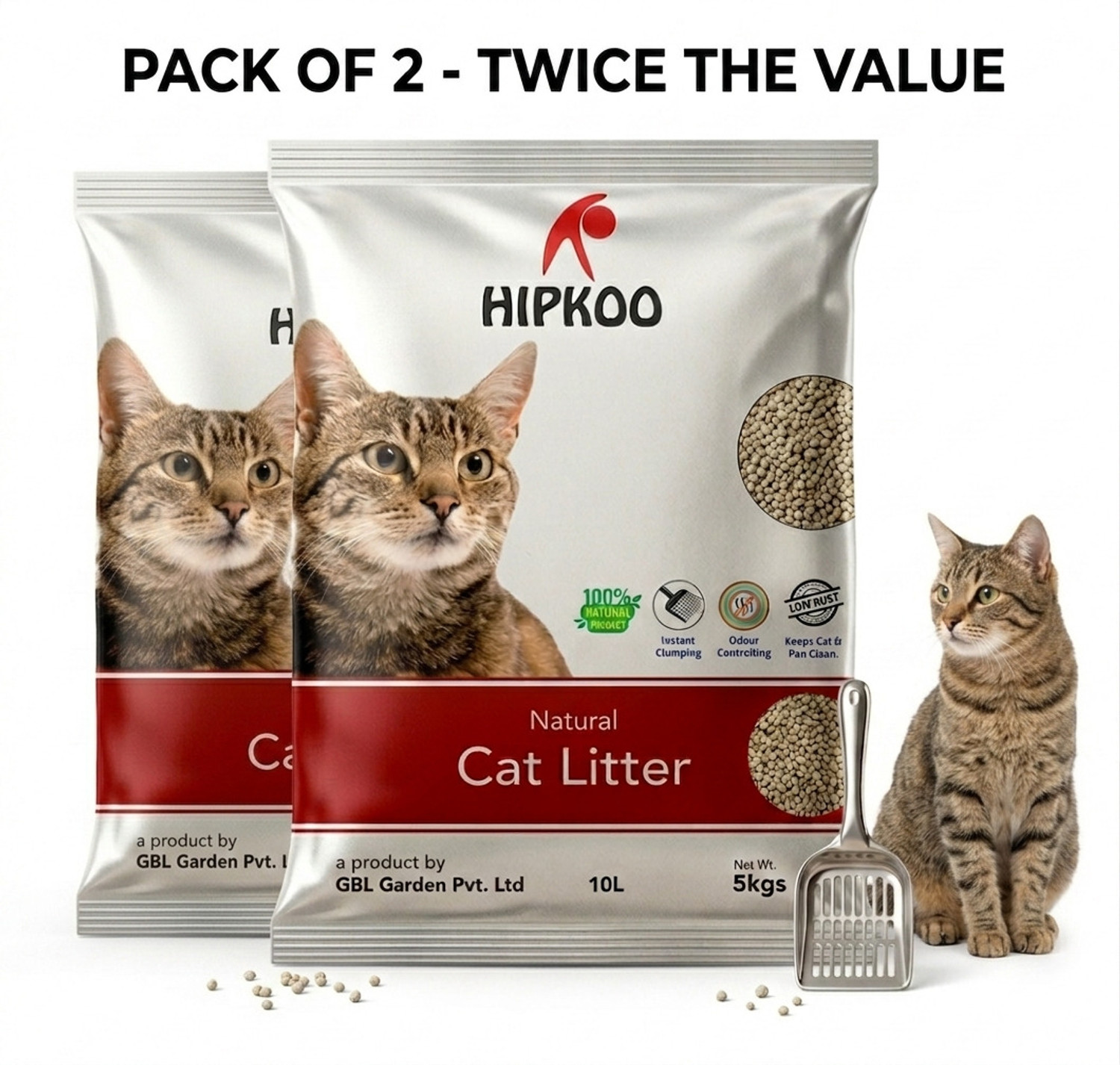 Hipkoo Natural Bentonite Cat Litter 10 kg | Unscented | 100% Dust Free | Clumping | Pet Litter Tray Refill