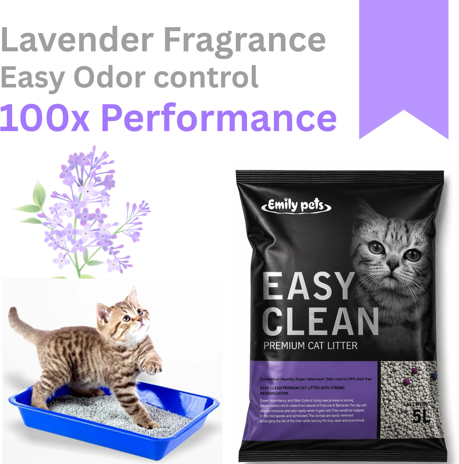 Image of Emily Pets Fresh Scented Bentonite Cat Litter (Lavender, 5 L) Pet Litter Tray Refill