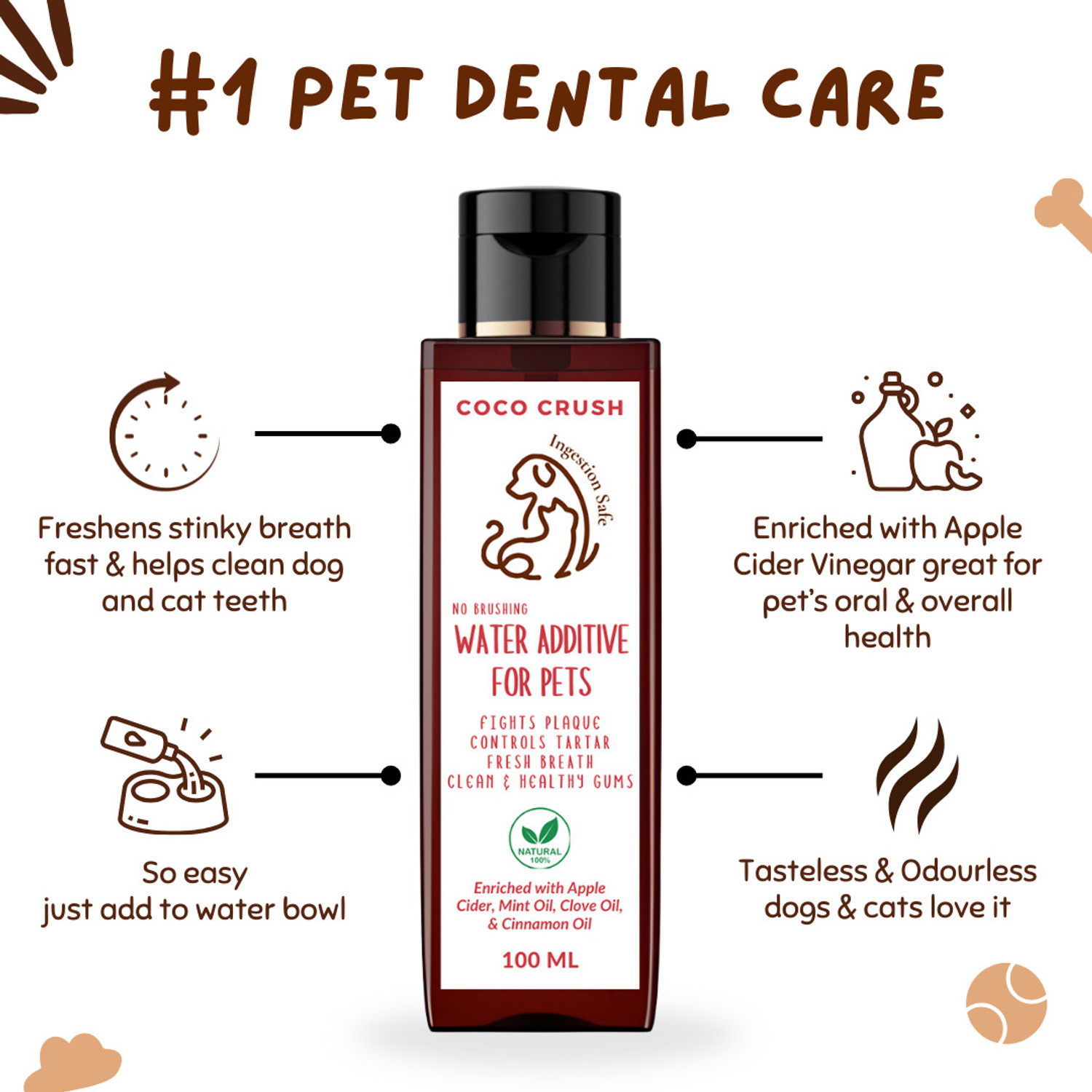 Image of COCO CRUSH Water Additive for Pets, 100% Natural | Controls Plaque, Tartar, Fresh Breath | Pet Mouth Freshner