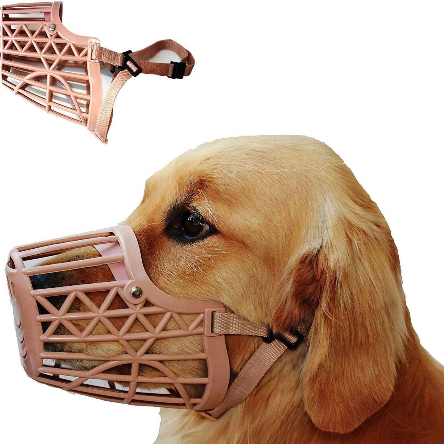 AKEnnterprises 5No Dog Plastic Muzzle with Adjustable Leather Strap,Beige,Basket Design (Large) Large Strips Dog Muzzle