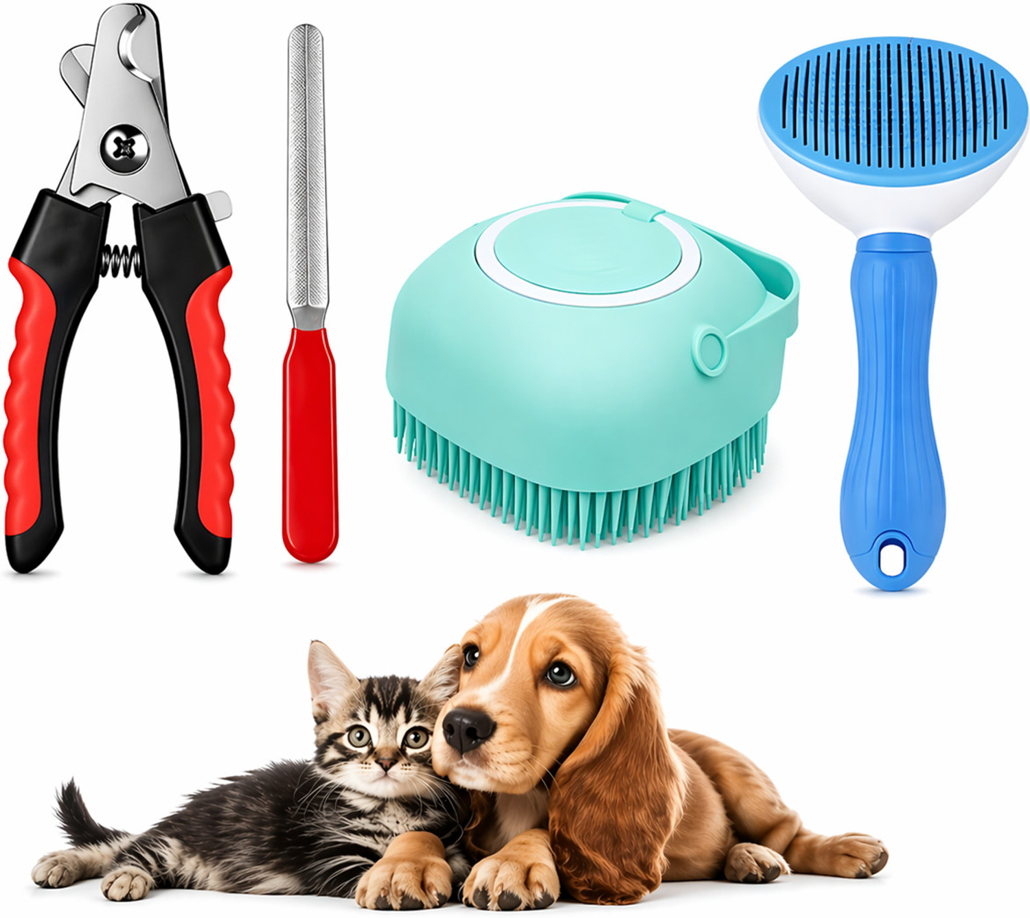 Image of Emily Pets Dog Grooming Kit Slicker Brush, Nail Clipper & File, Silicone Bath Brush Combo Scissor Nail Clipper