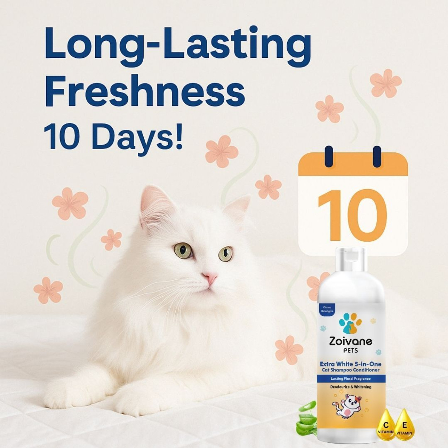 Image of Zoivane Extra White 5 in 1 Cat Shampoo & Conditioner | Aloe Vera | 500 ML Pack of 2 Allergy Relief, Anti-microbial, Conditioning, Whitening and Color Enhancing Floral and Sweet Cat Shampoo