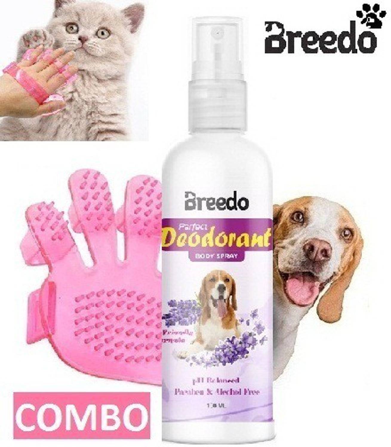 Breedo Imported (Combo Of 2) Dog Deodorant Deo + Bath Gloves For All Breed Dog Allergy Relief, Conditioning, Anti-fungal, Anti-microbial, Anti-itching, Anti-dandruff Natural Dog Shampoo