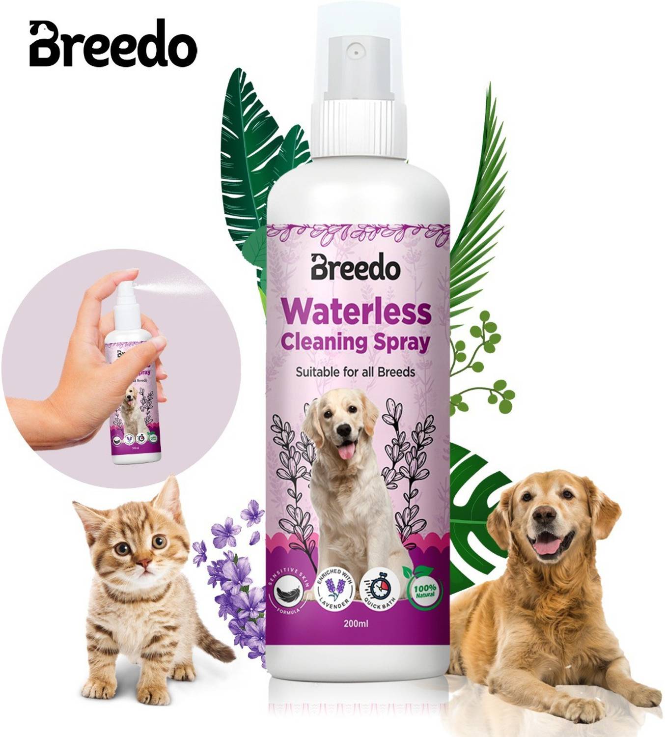 Breedo Amazing Quality Lavender Dry Bath Instant Waterless Shampoo Conditioning Allergy Relief, Conditioning, Anti-fungal, Anti-microbial, Anti-itching, Anti-dandruff Lavender Conditioning Waterless Shampoo for Dogs & Puppy Dry/Waterless/Spray Dog Shampoo