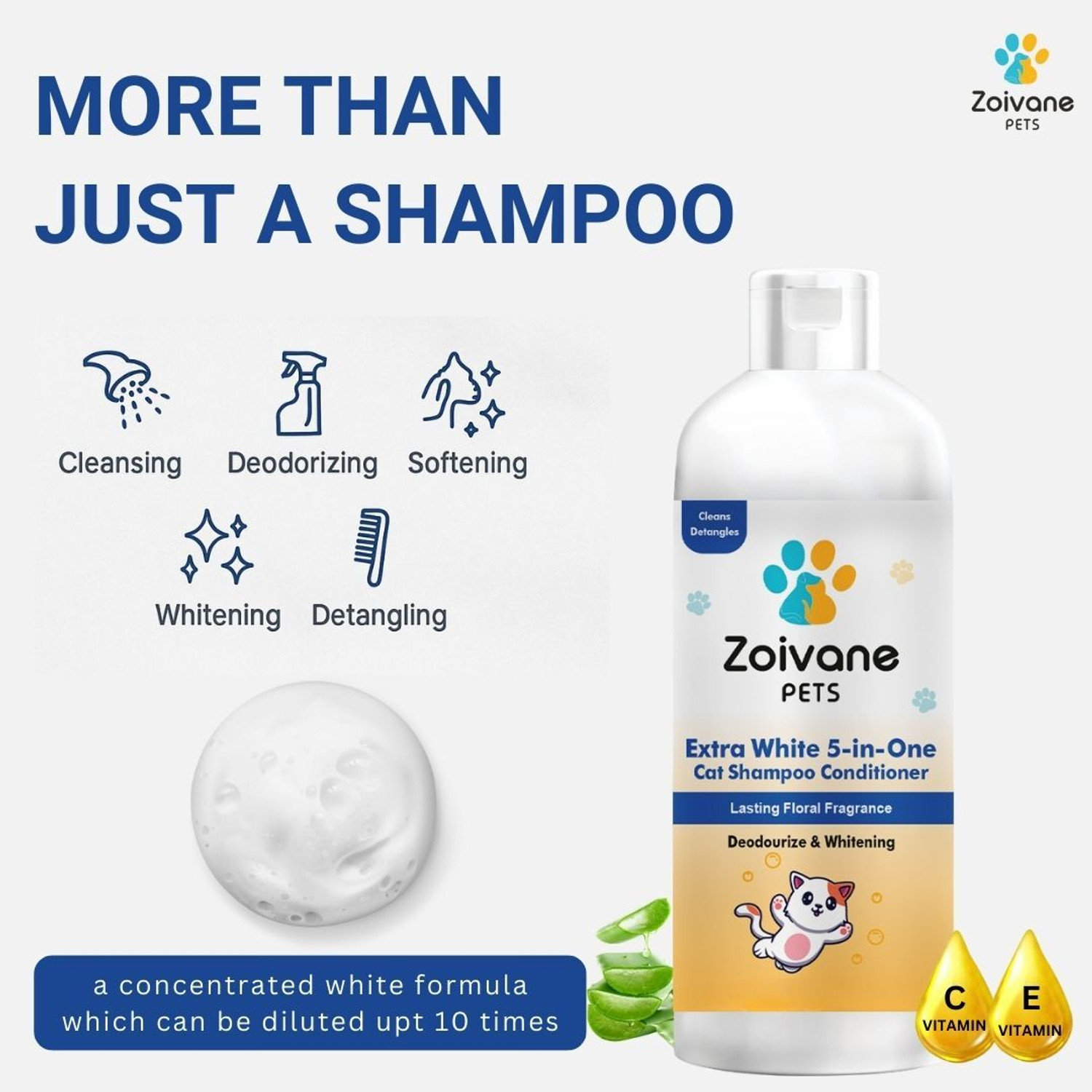 Image of Zoivane Extra White 5 in 1 Cat Shampoo & Conditioner | Aloe Vera | 500 ML Pack of 2 Allergy Relief, Anti-microbial, Conditioning, Whitening and Color Enhancing Floral and Sweet Cat Shampoo