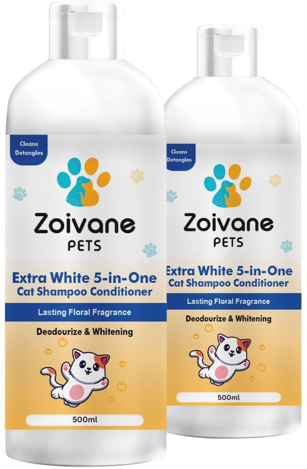 Image of Zoivane Extra White 5 in 1 Cat Shampoo & Conditioner | Aloe Vera | 500 ML Pack of 2 Allergy Relief, Anti-microbial, Conditioning, Whitening and Color Enhancing Floral and Sweet Cat Shampoo