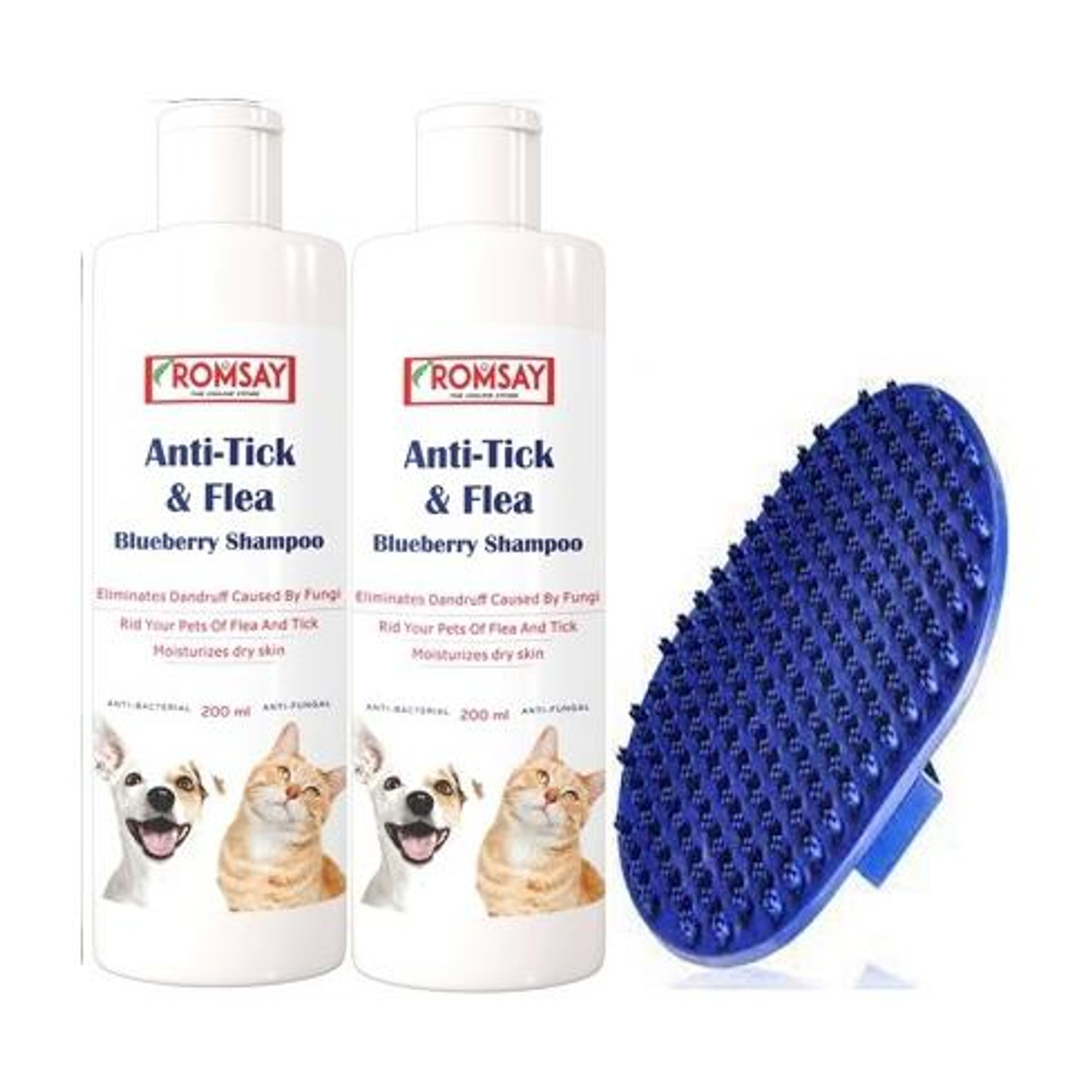 Image of ROMSAY Anti-Tick & Flea Shampoo For Dogs & Cats 200ML Pack Of 2 With Bath Brush Flea and Tick, Allergy Relief, Anti-fungal, Anti-itching, Anti-dandruff, Hypoallergenic Fresh Notes, Blueberry Dog Shampoo