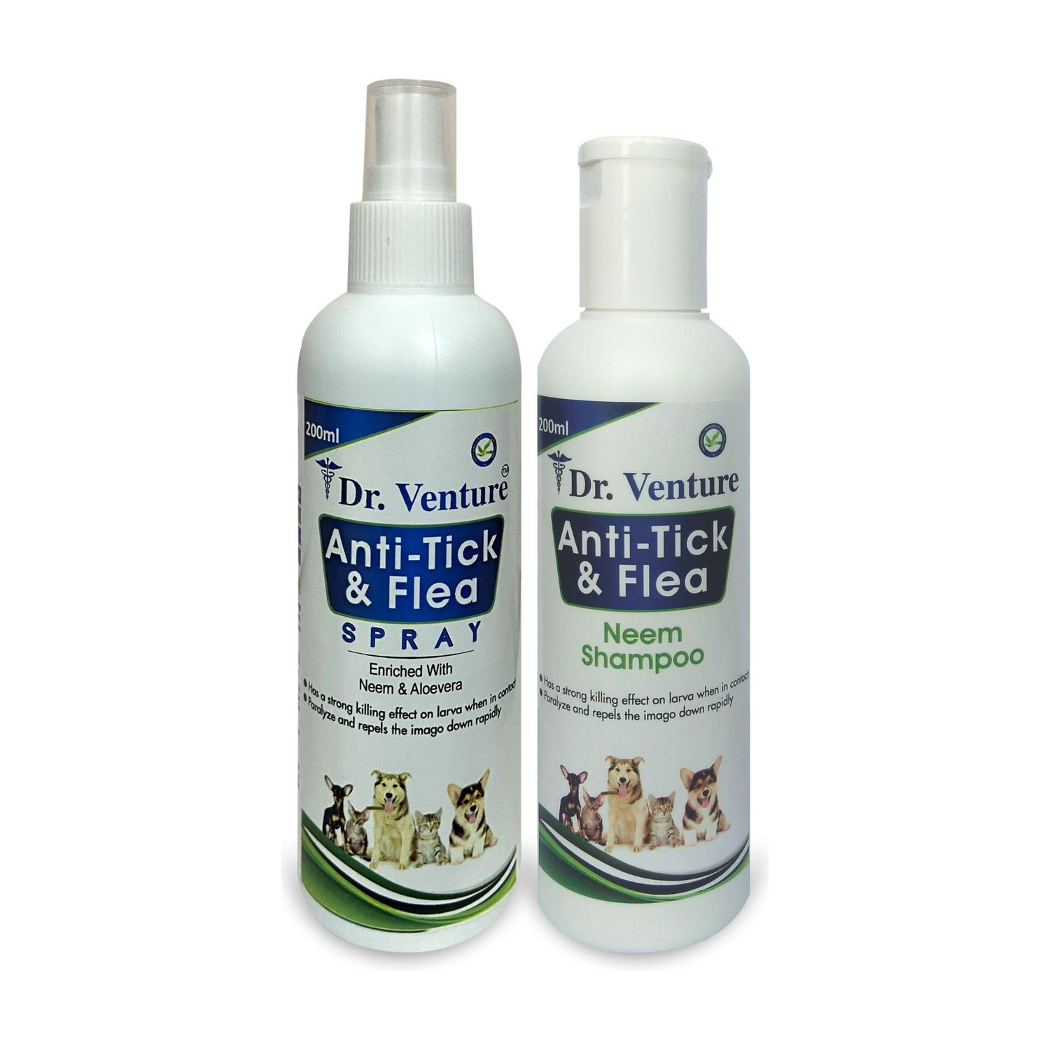 Image of Dr Venture Anti-tick and Flea Neem Dog Shampoo 200 ml + Anti-Tick and Flea Spray for All Breeds Like Dogs, Cats and Puppies Kills & Repels Fleas, Ticks and Lice Enriched with Neem and Aloevera 200 ml Anti-fungal, Flea and Tick, Anti-microbial, Allergy Relief, Whitening and Color Enhancing, Anti-itching neem Dog Shampoo