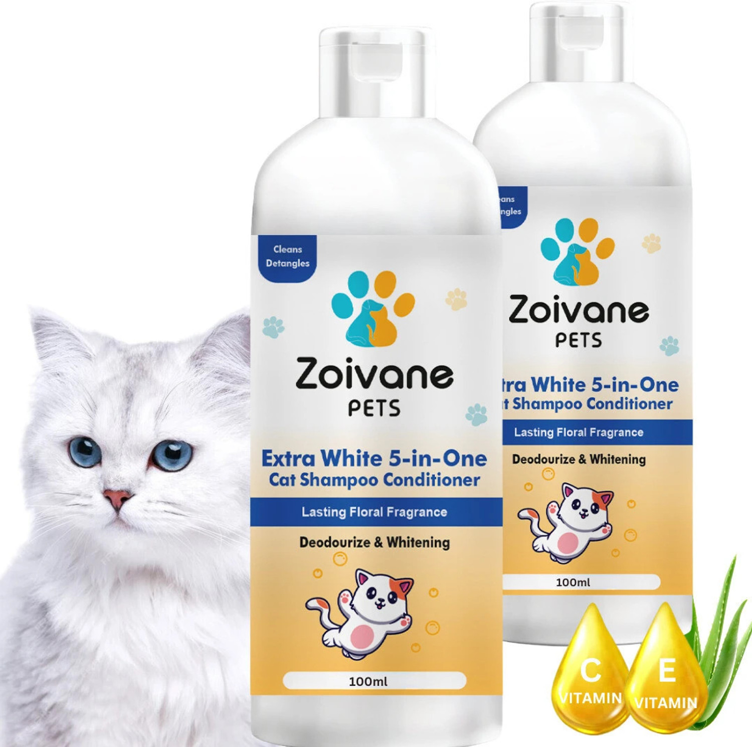 Image of Zoivane Extra White 5 in 1 Cat Shampoo & Conditioner, 100% Natural Active Ingredients Allergy Relief, Anti-microbial, Conditioning, Whitening and Color Enhancing Floral and Sweet Cat Shampoo